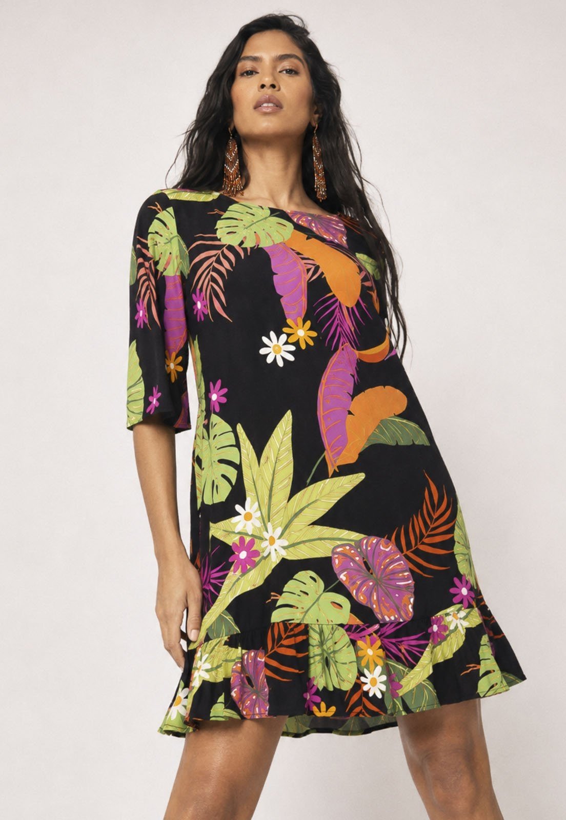 Vestido Amazonia Vital Curto Viscose Estampa Noite Botanica