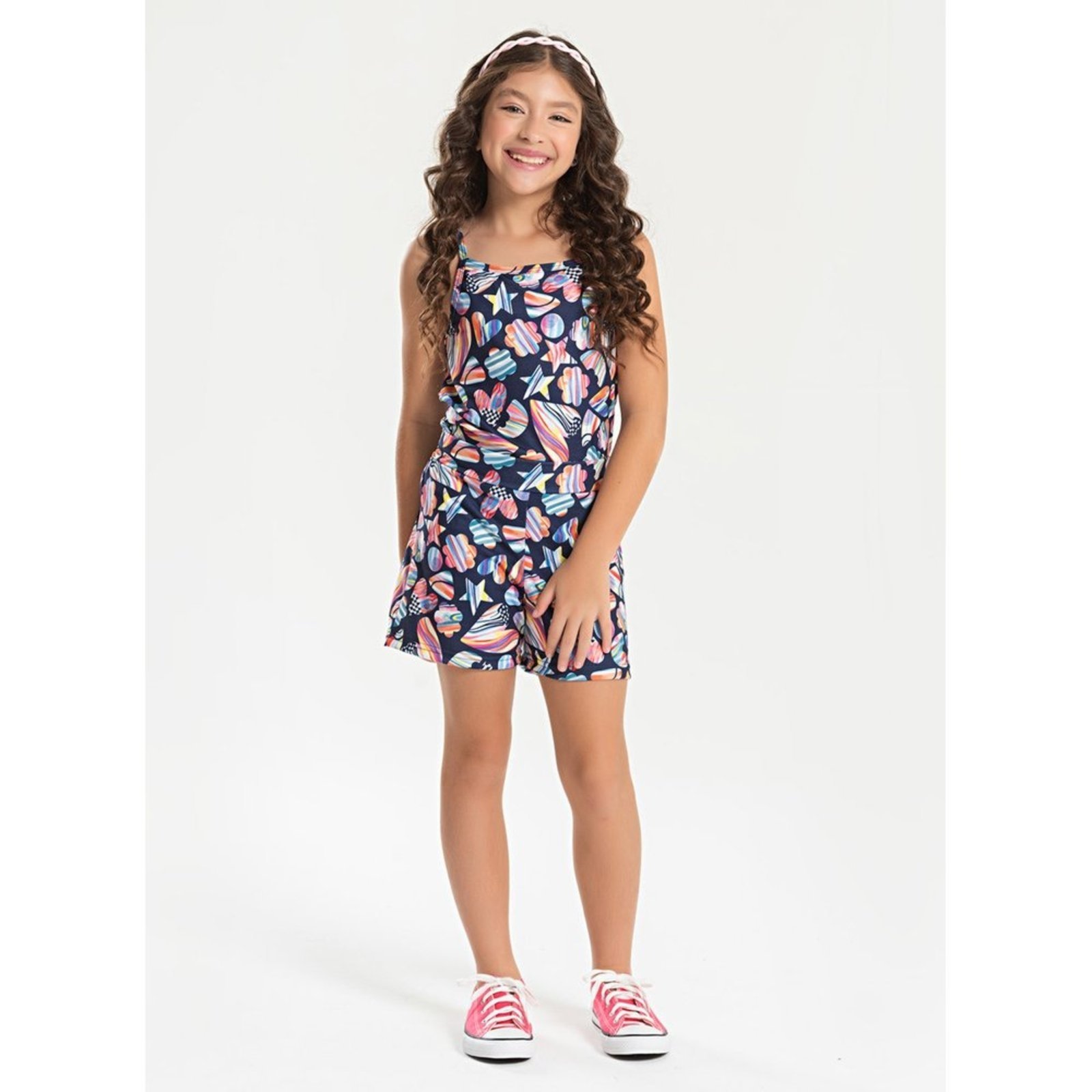 Infantil – Conjunto Verão Menina Marinho Cropped Alcinha e Short Corações do Mar