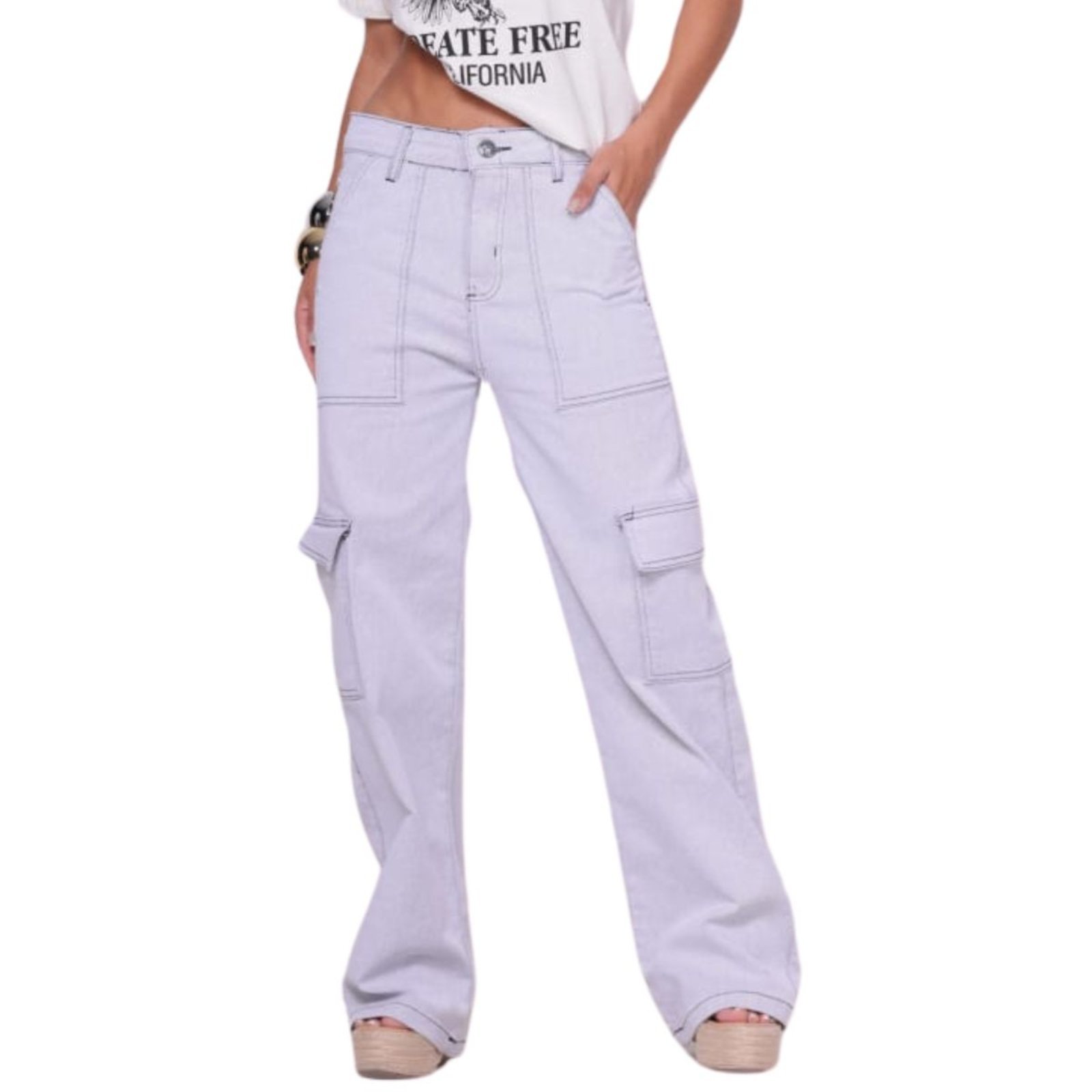 Calça Feminina Sarja Cargo Branca com Costura Preta Alleppo Jeans