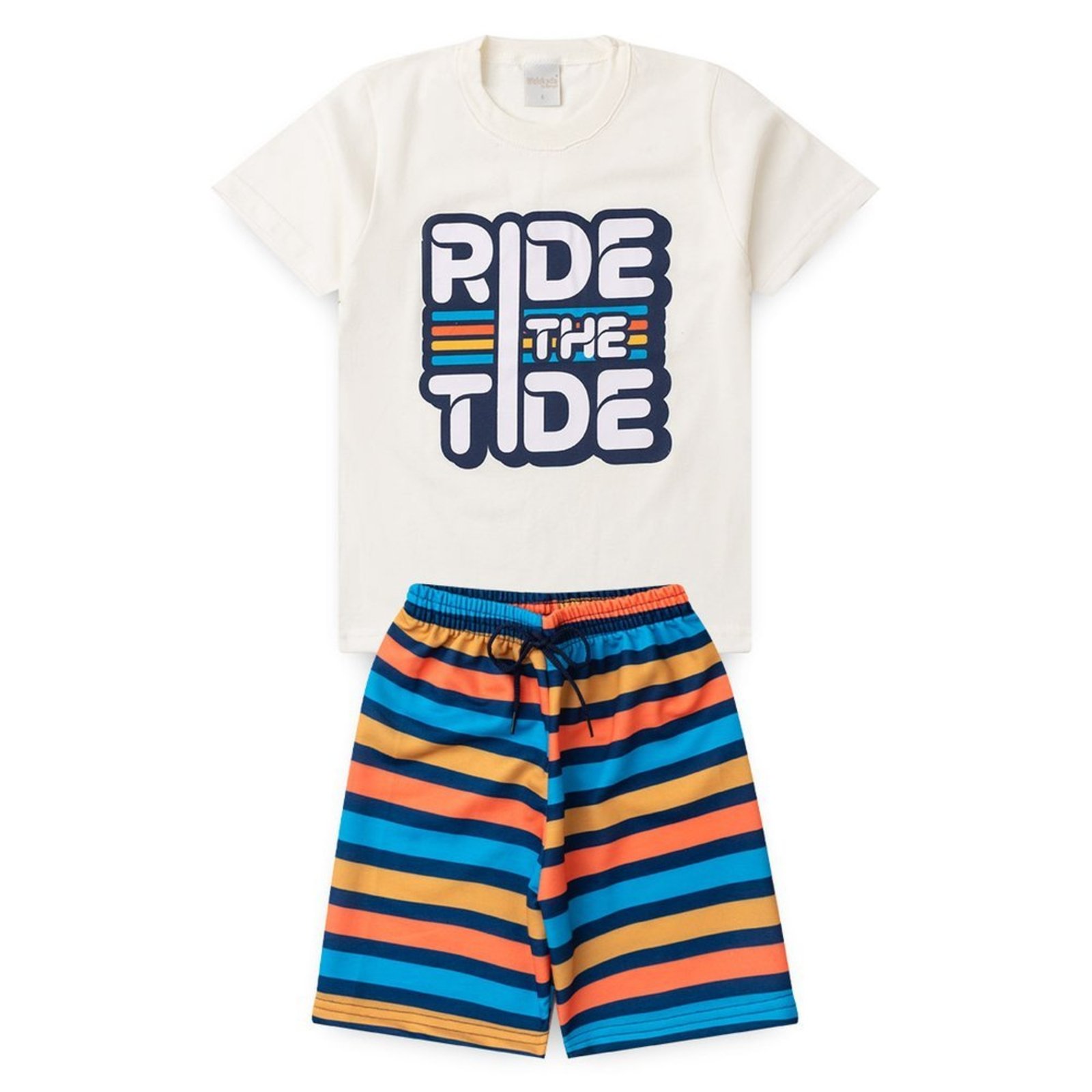 Infantil - Conjunto Verão Menino Natural Camiseta e Bermuda Listras