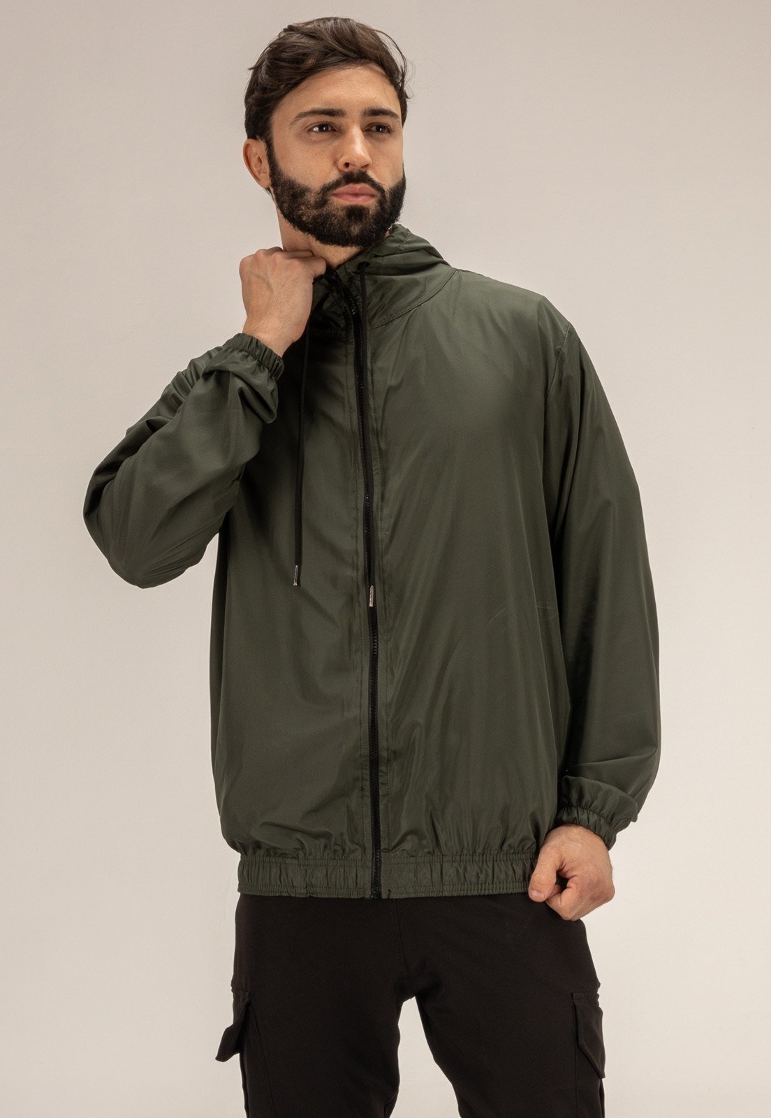 Blusa de Frio Corta Vento Esportiva Semi Impermeável Masculino Verde Escuro Gola Alta Dulk