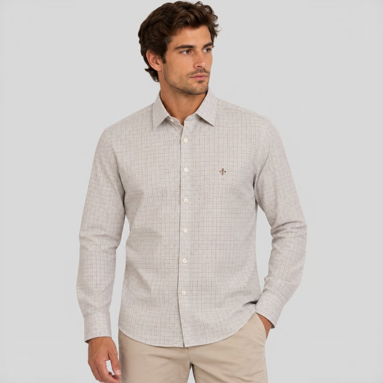 Camisa Xadrez Dudalina Slim Tricoline Ve27 Bege Masculino