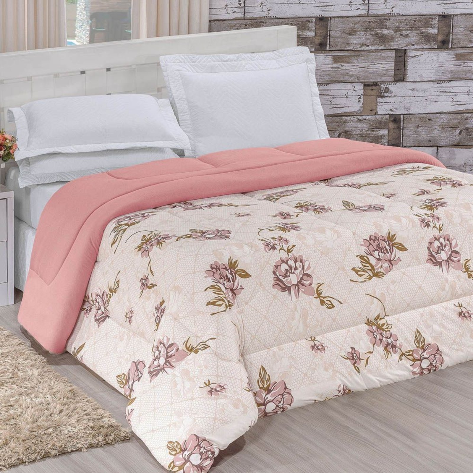 Edredom Casa Scarpa Quality Queen Estampado Dupla Face Algodão Fio Penteado - Rosê