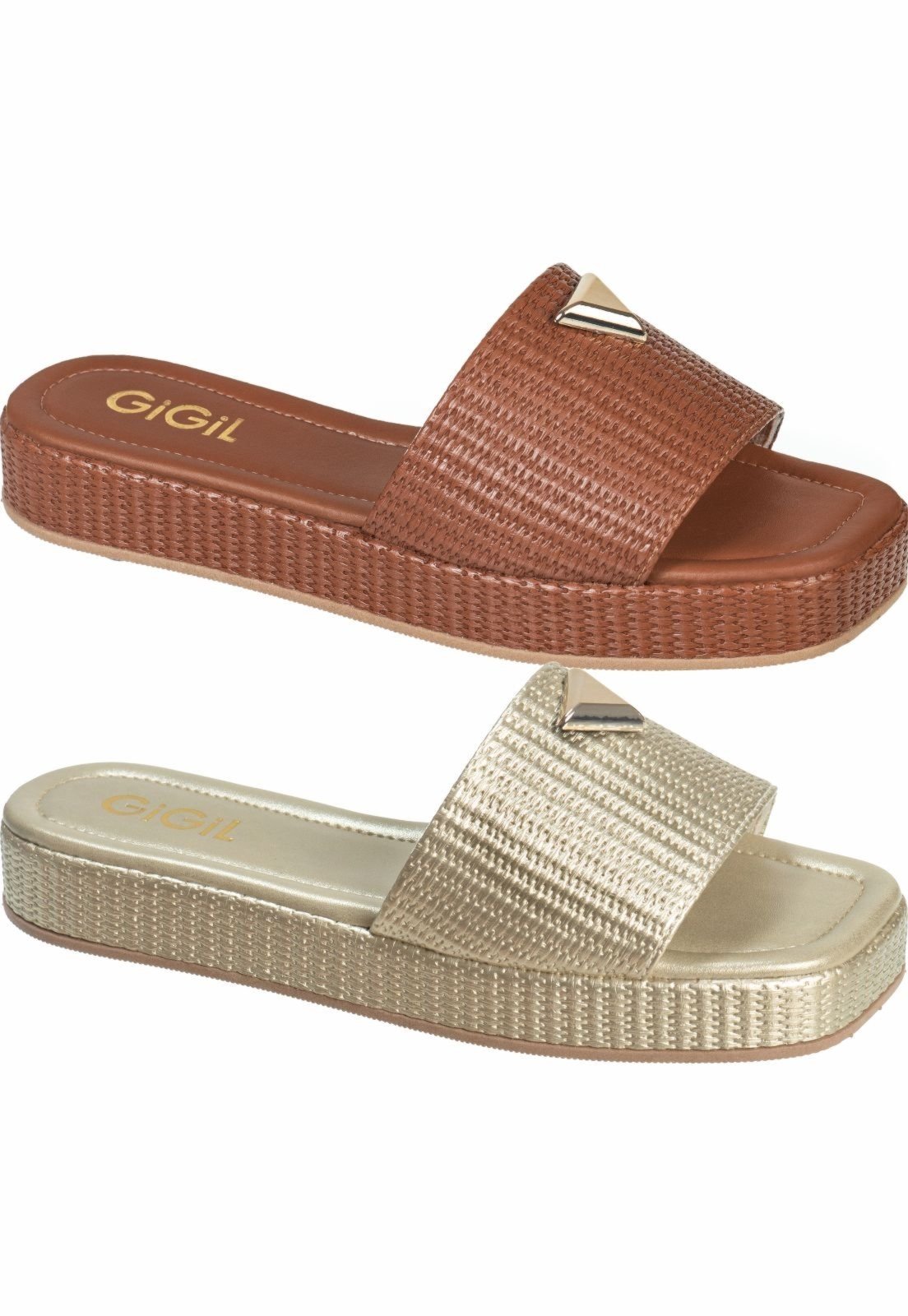 Kit 2 Pares Rasteira Tamanco Feminino GiGiL Flatform Baixo Detalhe Triangulo Metalizado Papete Juta Tressê Caramelo/Dourado