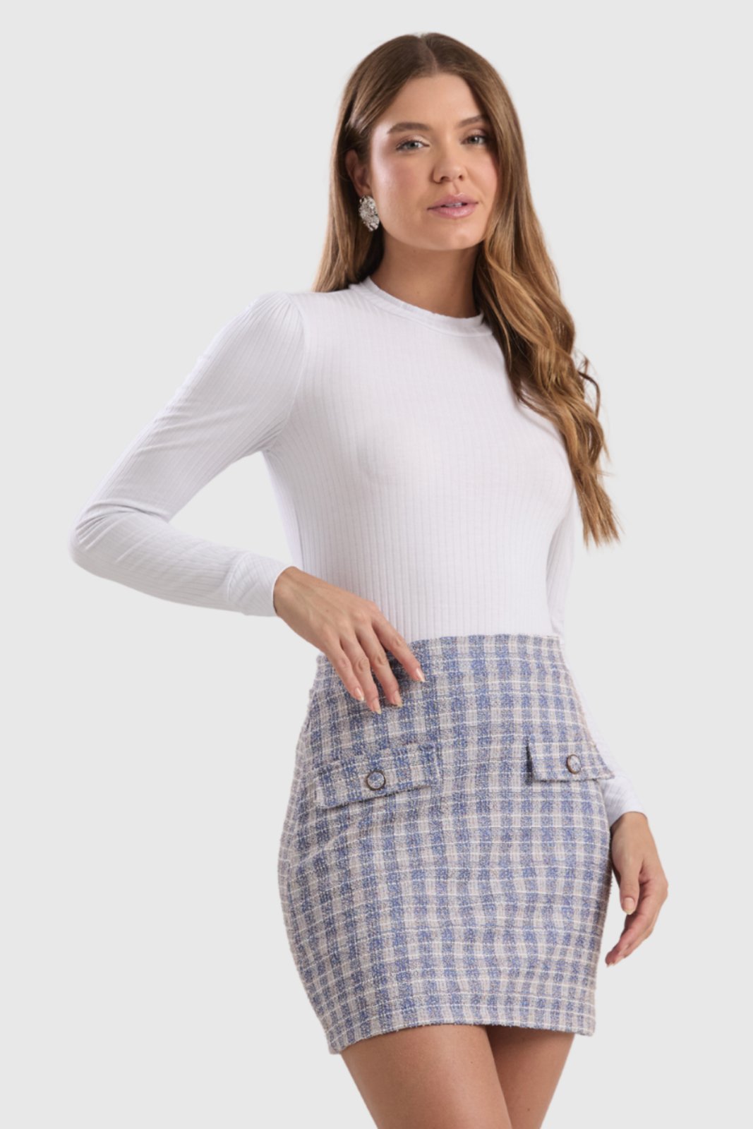 Saia Feminina Amora Café Curta com Lapelas Azul
