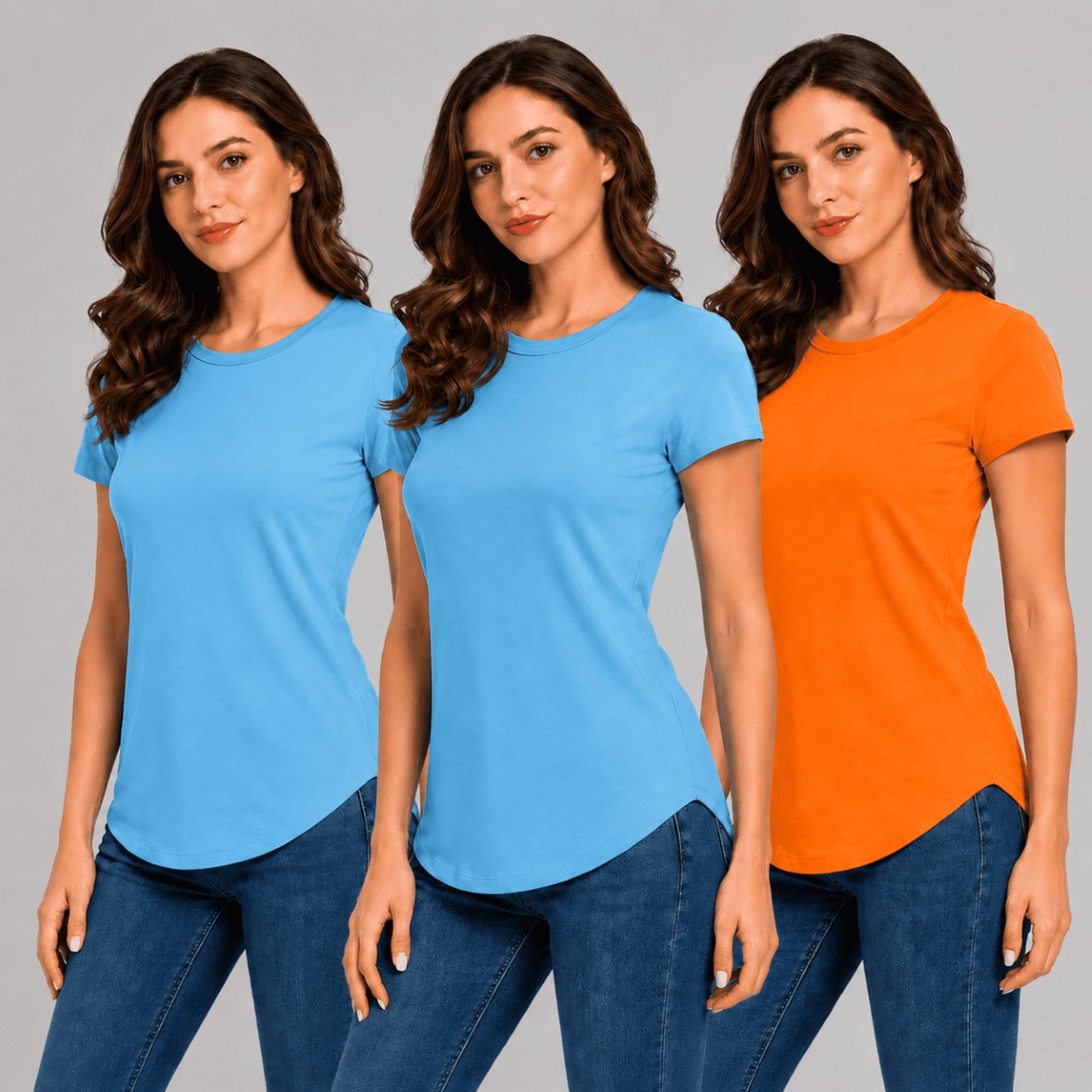 Kit Com 3 Camisetas Longtail Feminina Básica Sem Estampa - Azul Celeste/Azul Celeste/Laranja