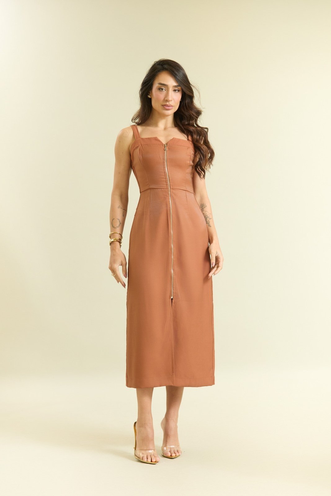Vestido Midi Feminino com Zíper Frontal Marrom Lemier Collection