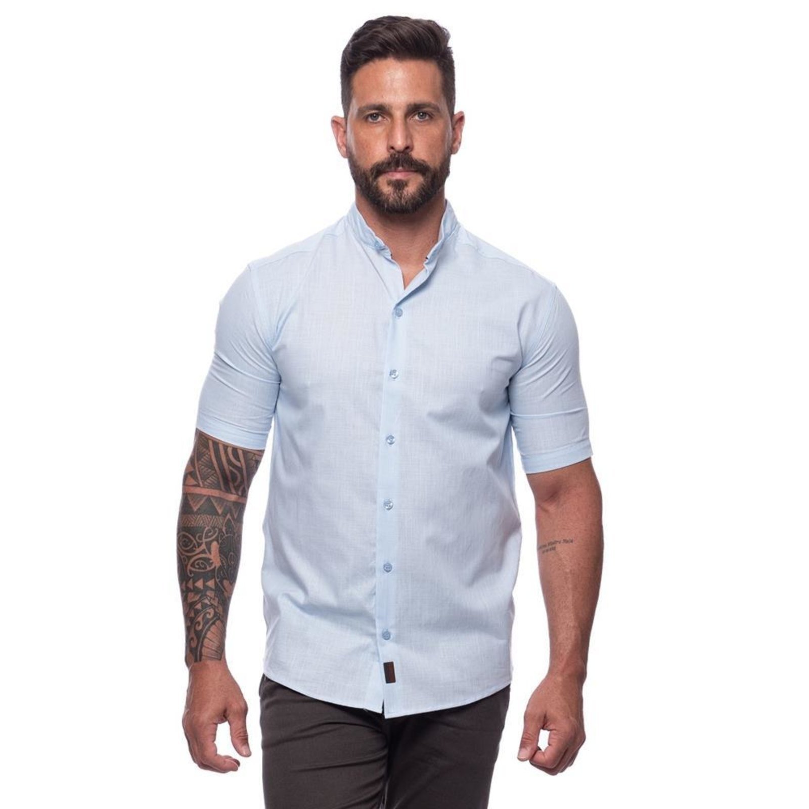 Camisa Masculina Linho Manga Curta Gola Padre Lisa Casual Azul Claro G Azul