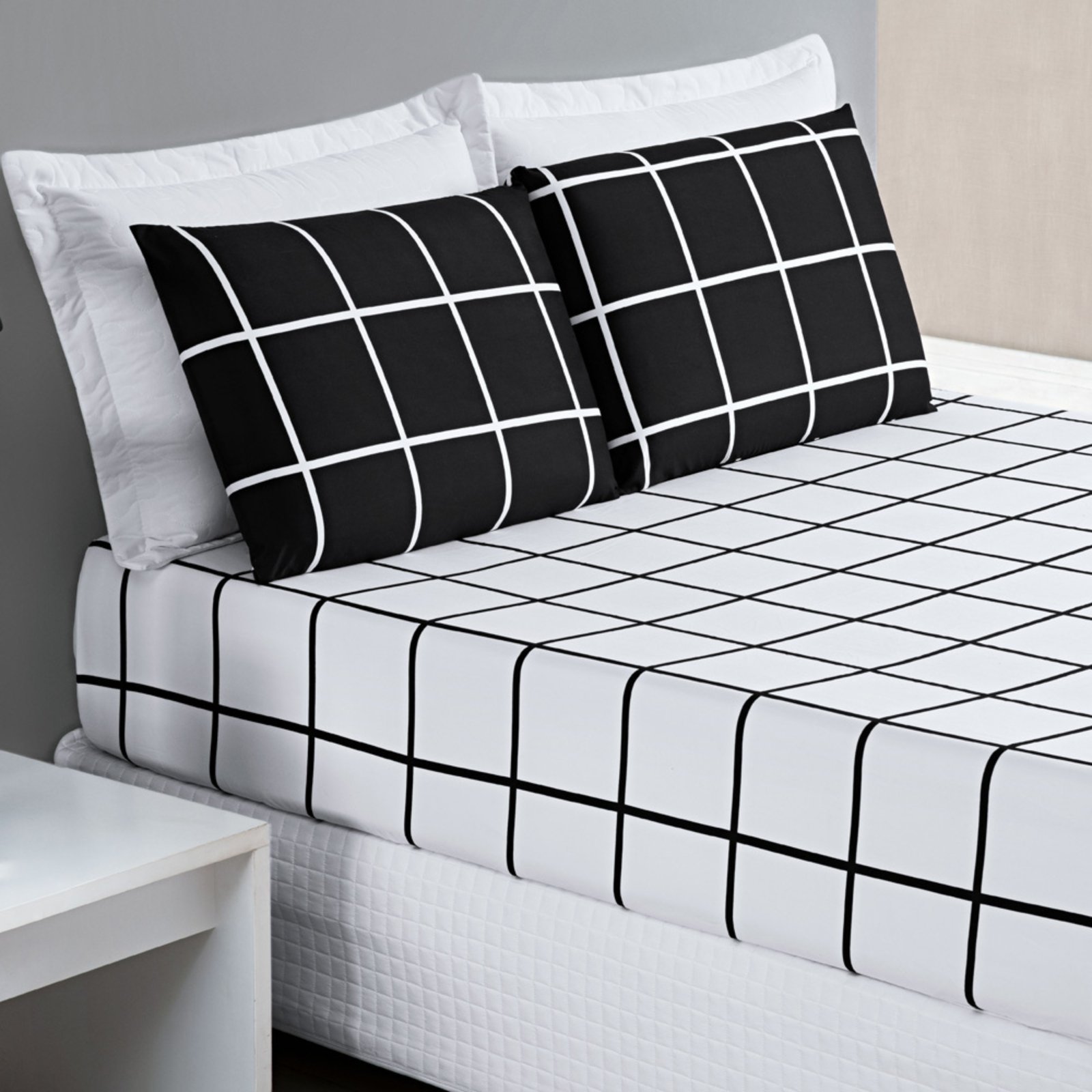 Jogo Cama Lençol Casa Scarpa Brooklyn King Quadriculado Micropercal 200 Fios 3 Peças - Preto