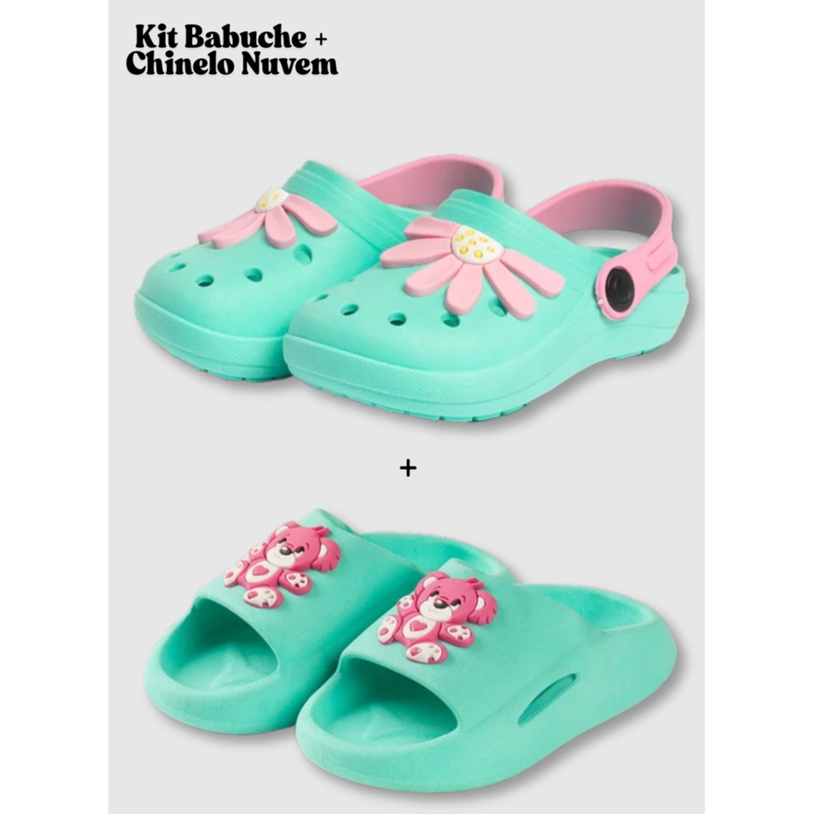 Infantil - Kit 2 Calçados Menina Molekada Babuche e Chinelo Nuvem Flor e Urso