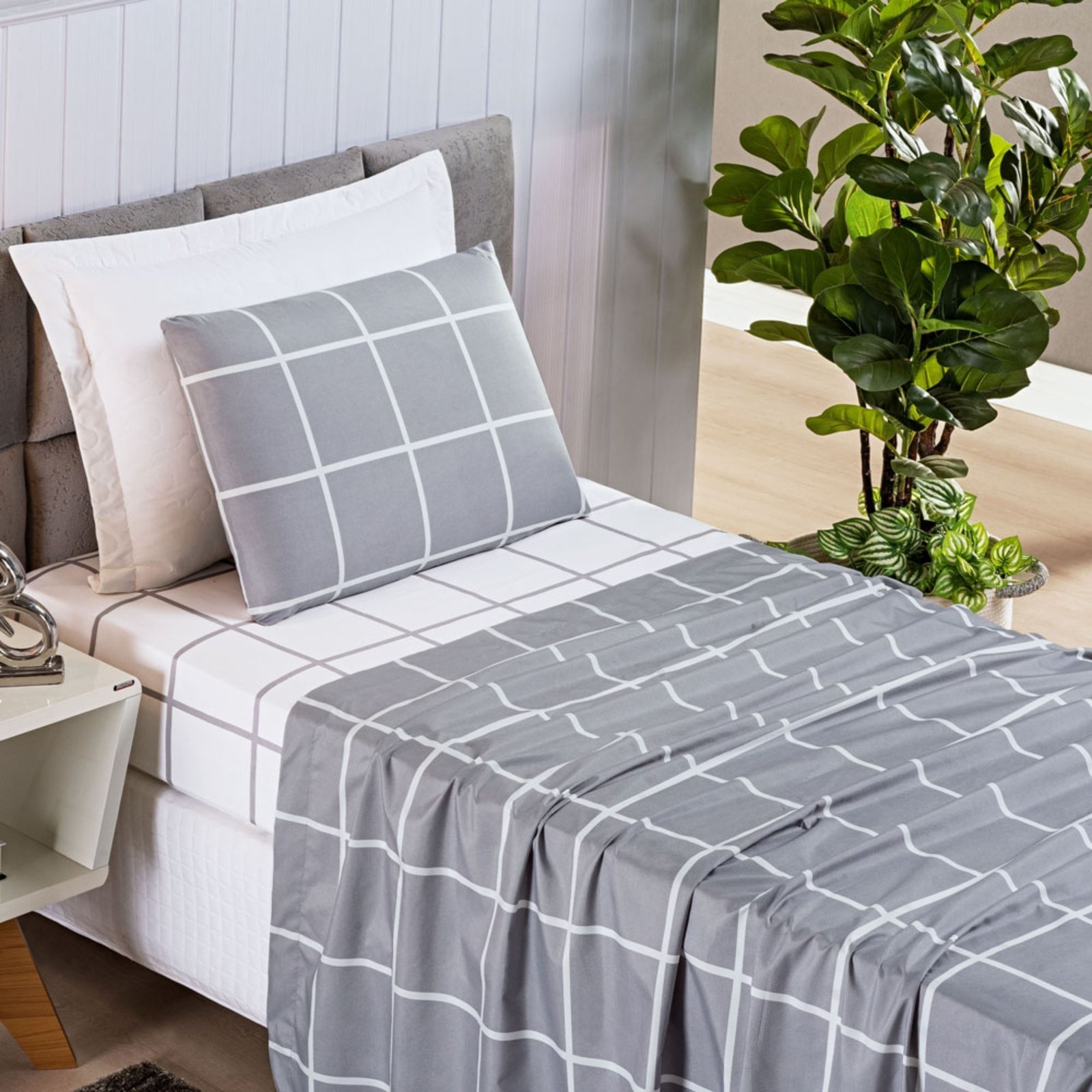 Jogo Cama Lençol Casa Scarpa Brooklyn Solteiro Quadriculado Micropercal 200 Fios 3 Peças - Cinza