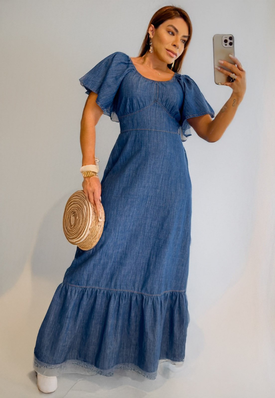 Vista 2 Vestido Cabanafree jeans longo com manga Cabanafree azul