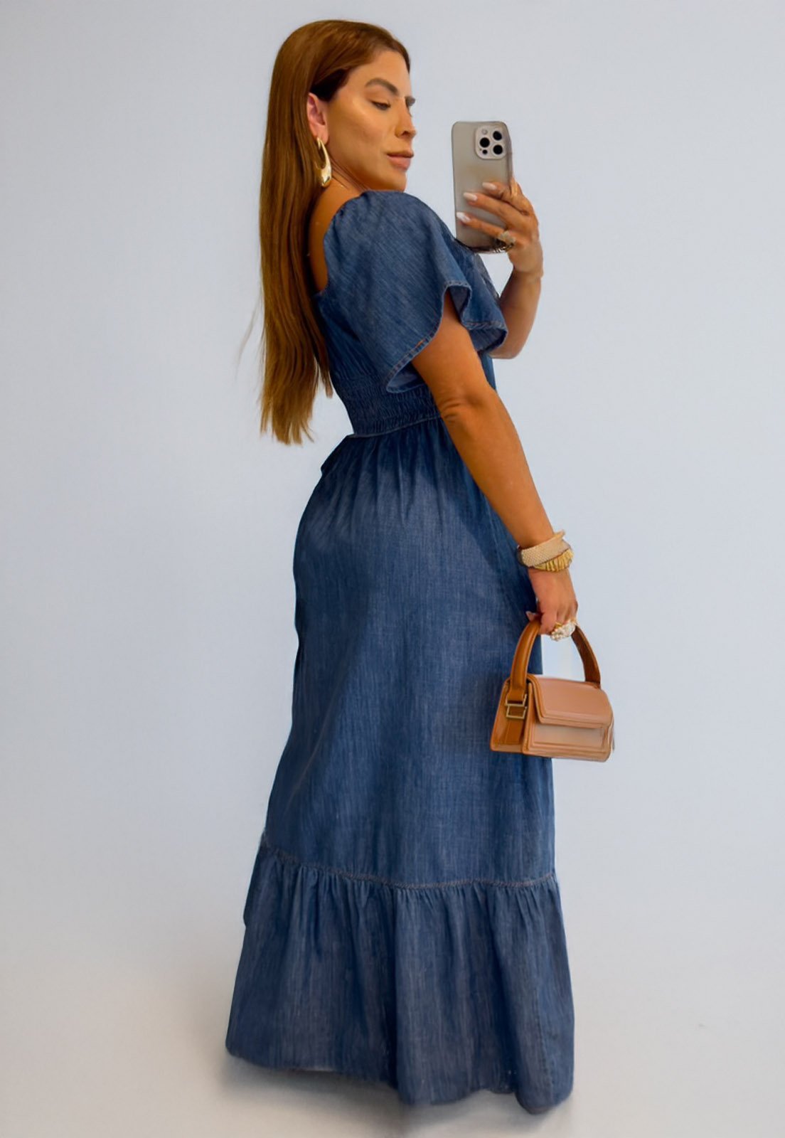 Vista 3 Vestido Cabanafree jeans longo com manga Cabanafree azul