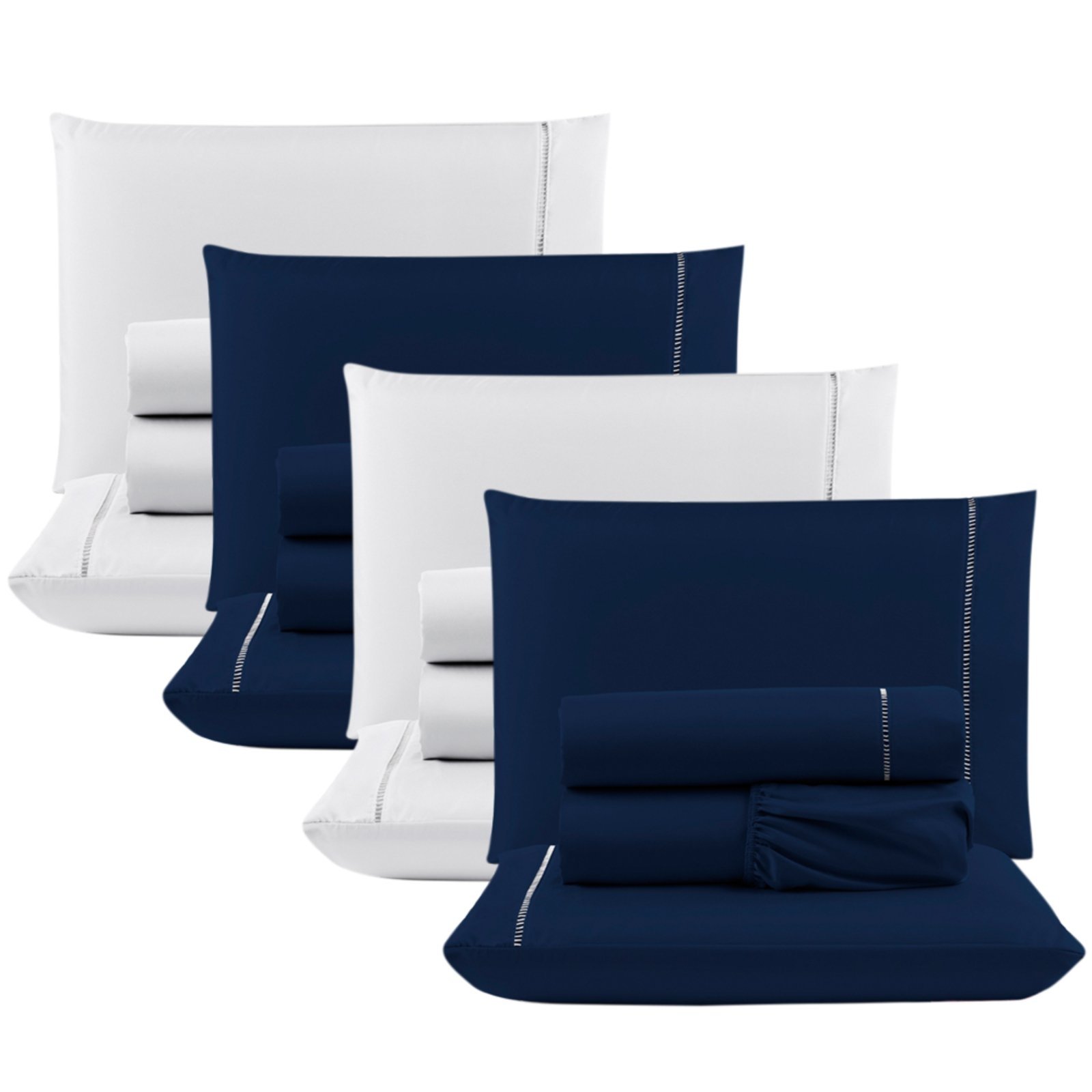 Kit c/ 4 Jogos Cama Lençol Casa Scarpa Unique Casal Padrão Micro Percal 400 Fios Ponto Palito 4 Peças - Azul Marinho + Branco