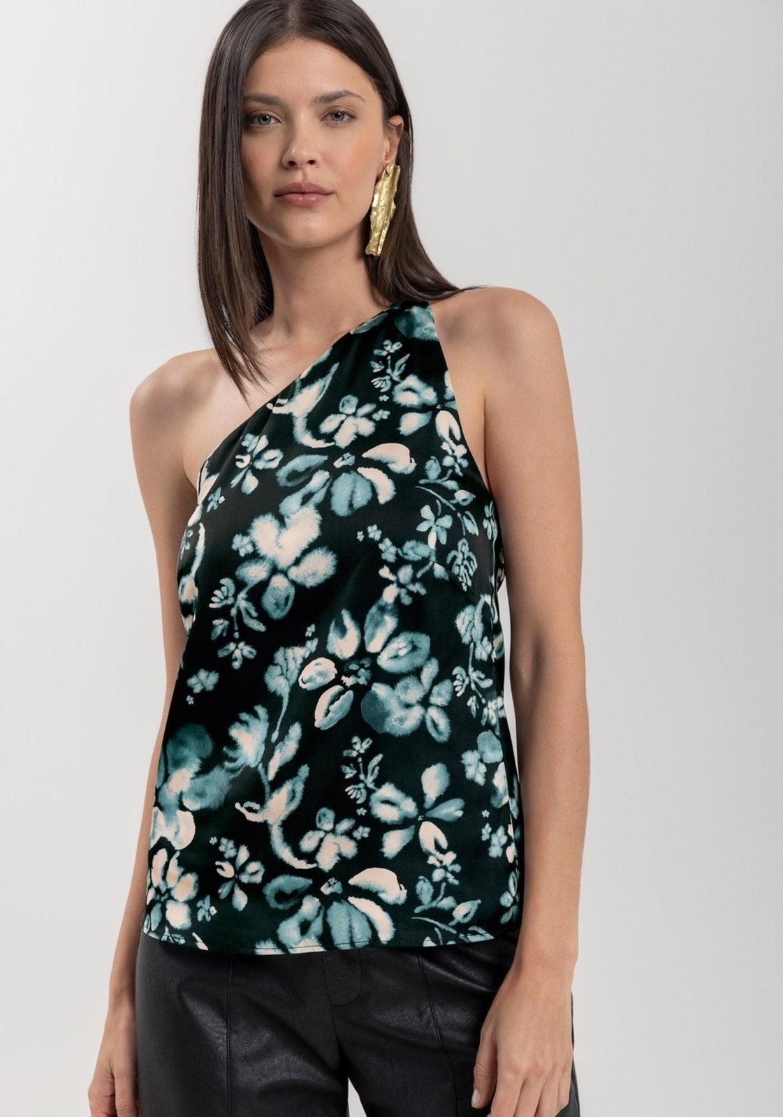 Blusa De Um Ombro Só Com Amarração Em Cetim Estampado