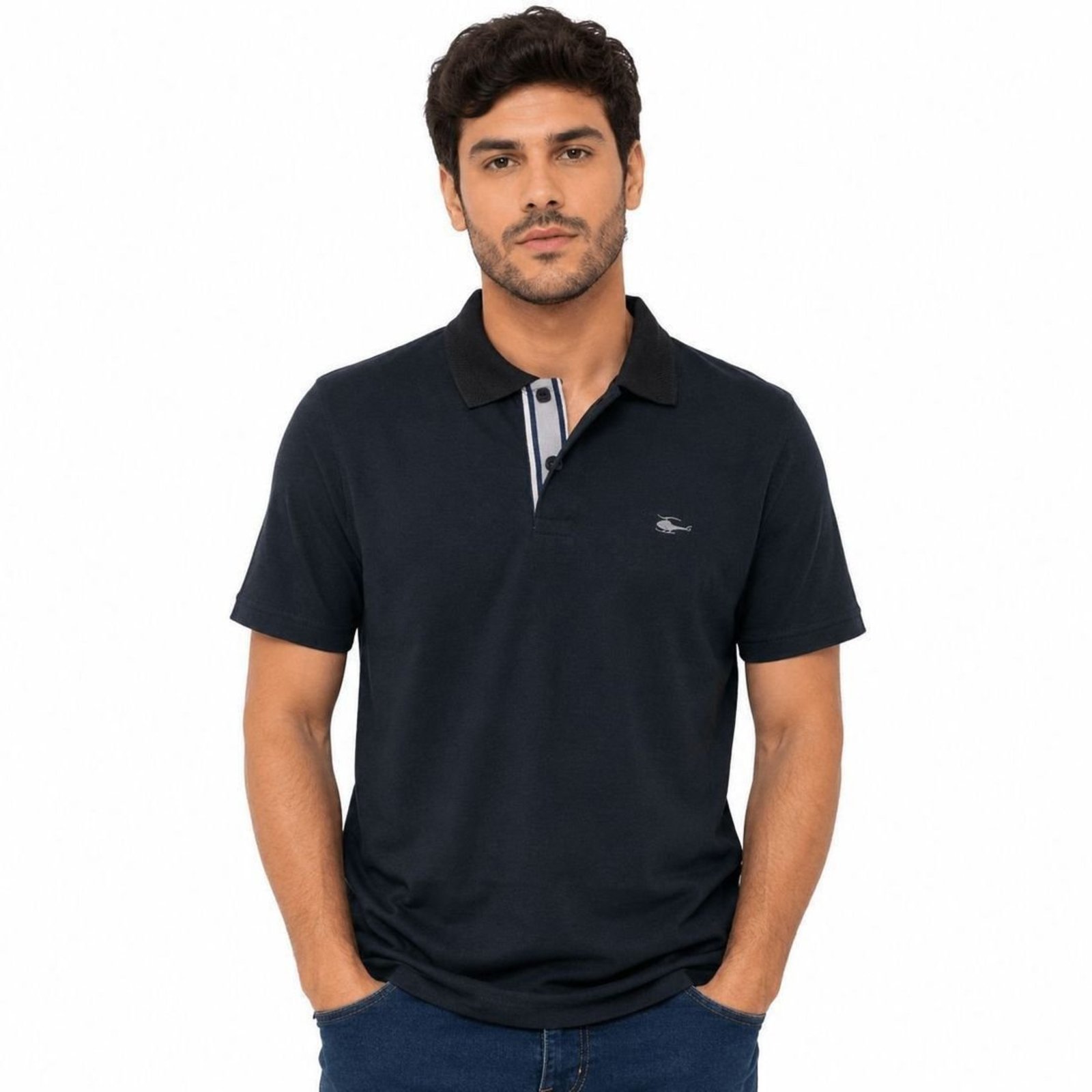 Camisa Polo Masculina Sallo Slim Fit Pérgula Preta 0084 - Preto - Sallo
