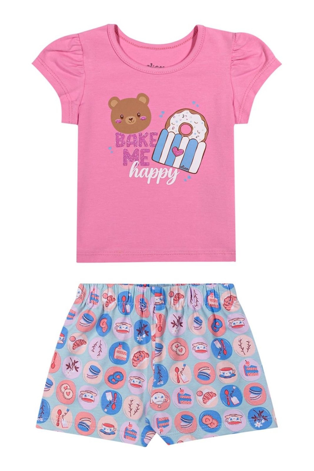 Infantil - Conjunto Menina Ursinho Confeitos Elian Rosa