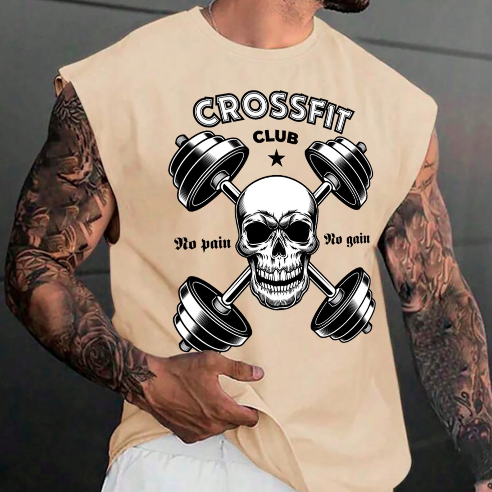 Camiseta Regata Machão Ousy Halteres No Pain No Gain Oversized Masculina Off White