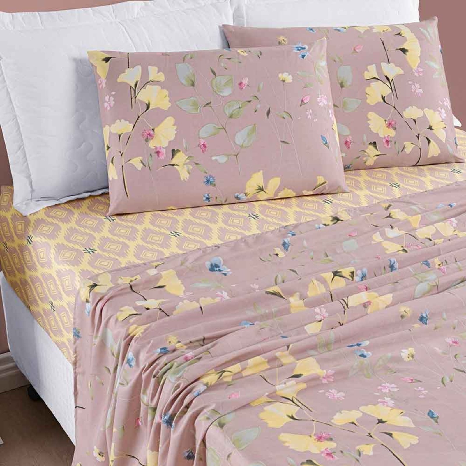 Jogo de Cama Lençol Casa Scarpa Dallas Queen Microfibra 4 Peças - Rosê Lavanda Floral