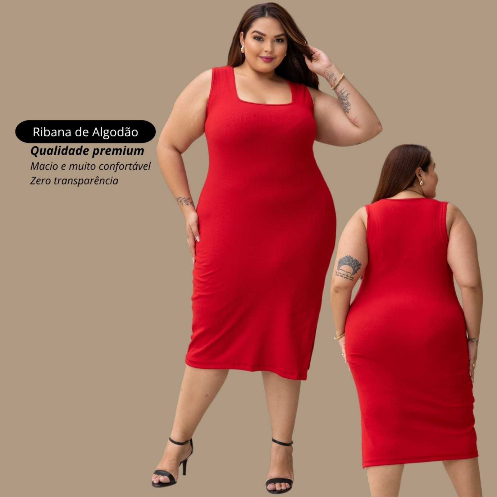 Vestido Garota Urbana Fashion Plus Size Vermelho feminino Ribana canelado premium sem manga
