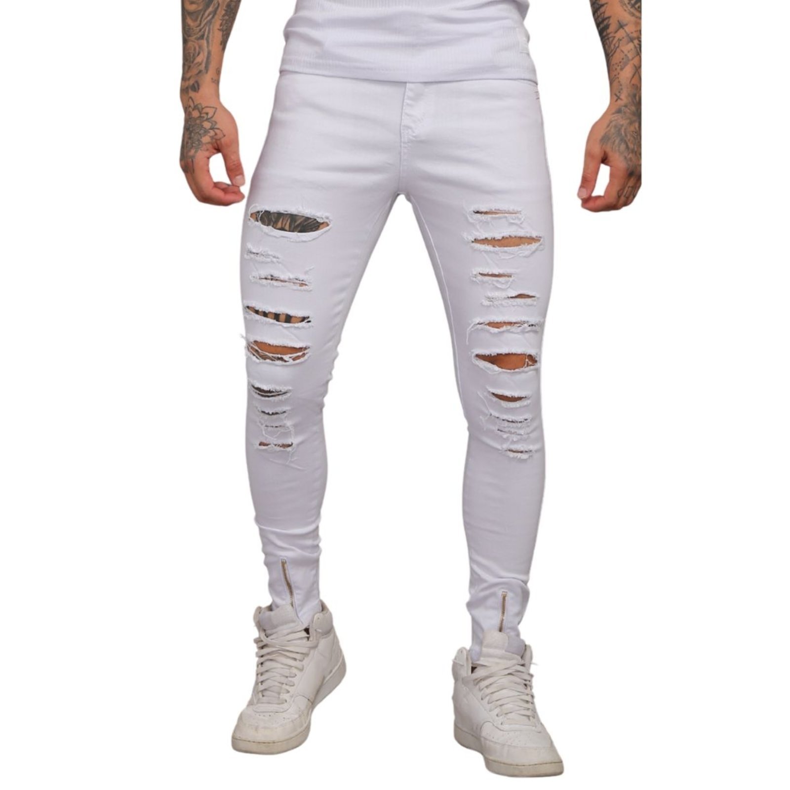 Calça Branca Rasgada Com Zíper Sarja Masculina Jeans Loka Macau