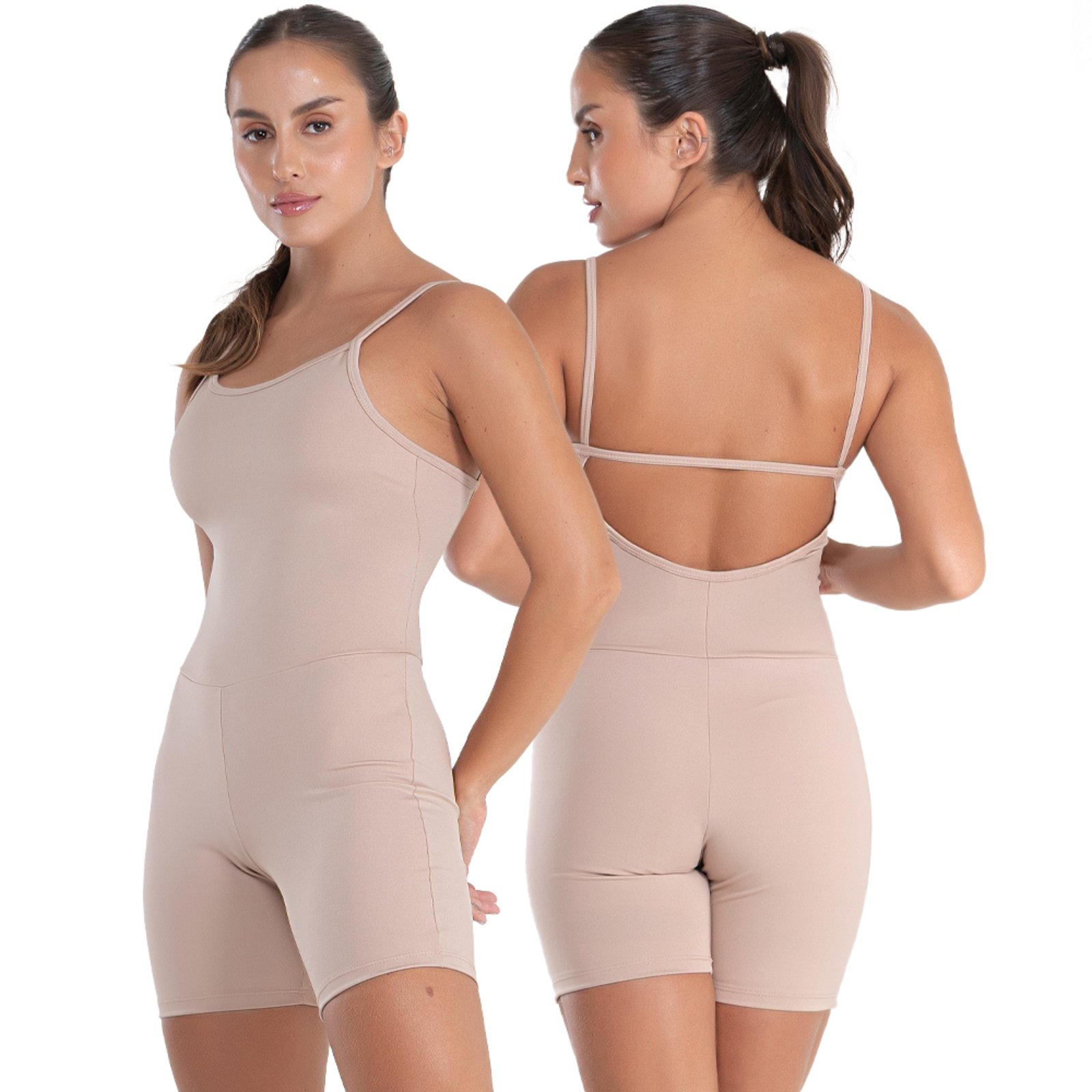 Macaquinho Fitness Alcinha Slim Zero Transparência Forrado Academia Macacão 048 NUDE