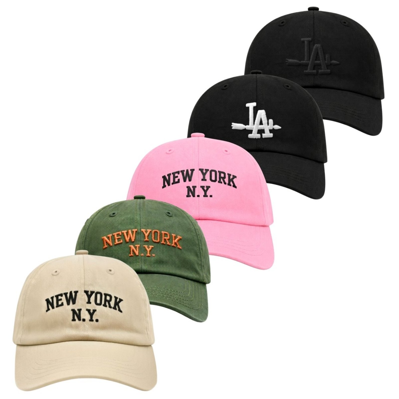 Kit 5 Bonés Bordado Aba Curva com Ajuste Relaxado Moderno NY LA Bordado