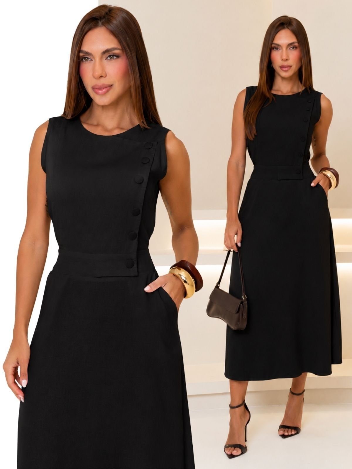 Vestido Feminino Longo Alfaiataria Divina Gata Botões e Bolso - Preto