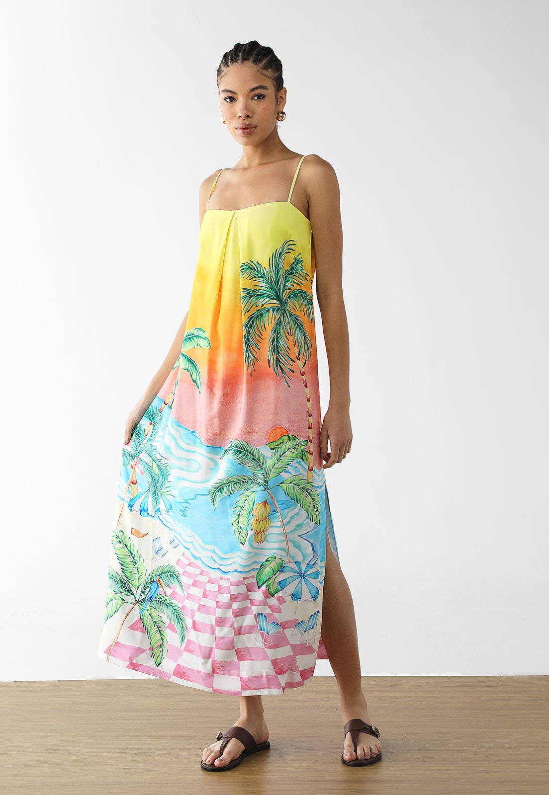 Vestido Feminino FARM Estampa Tropical Degradê Longo Amarelo