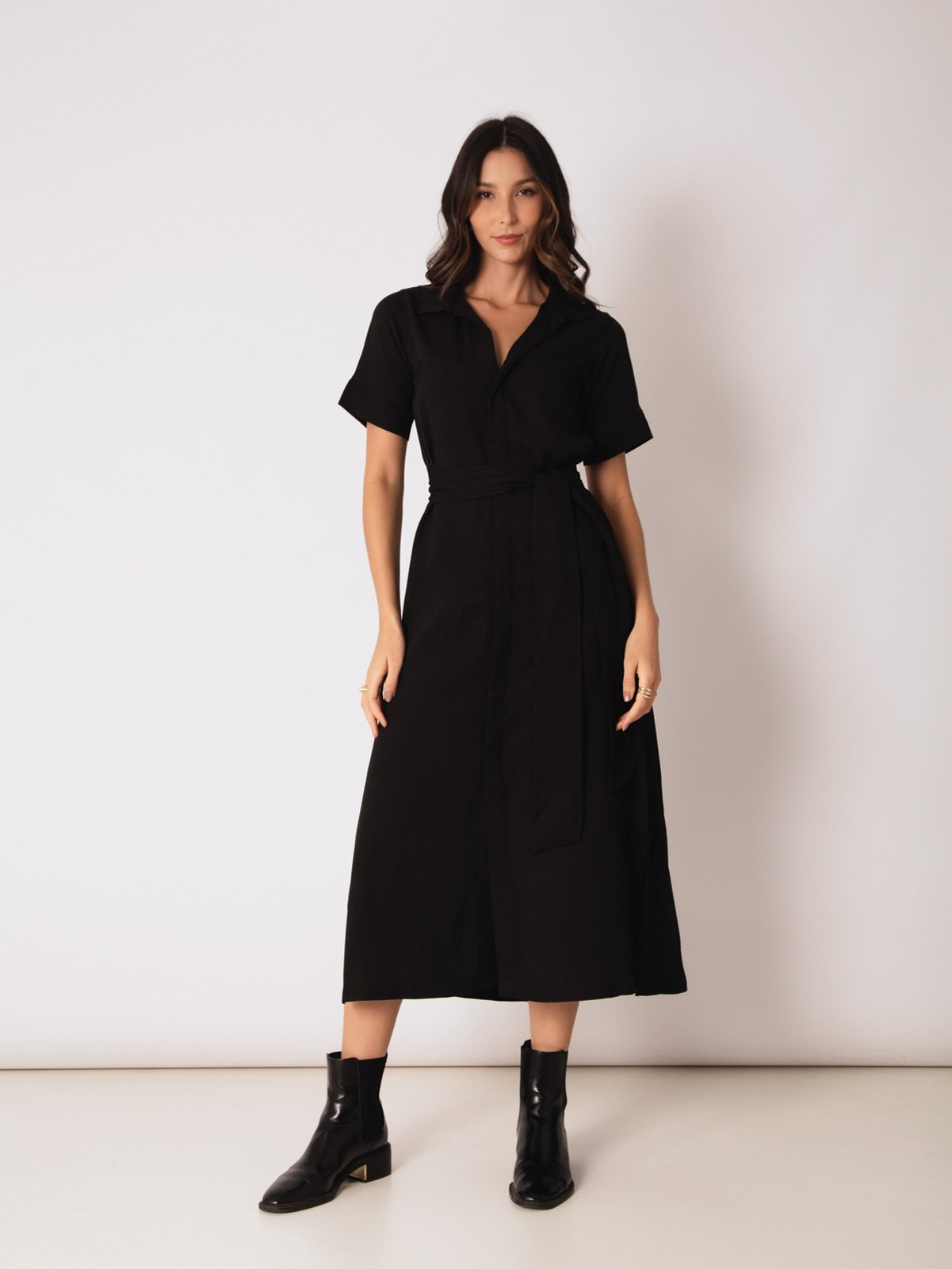 VESTIDO CHEMISE CINTO AMARRAÇÁO PRETO