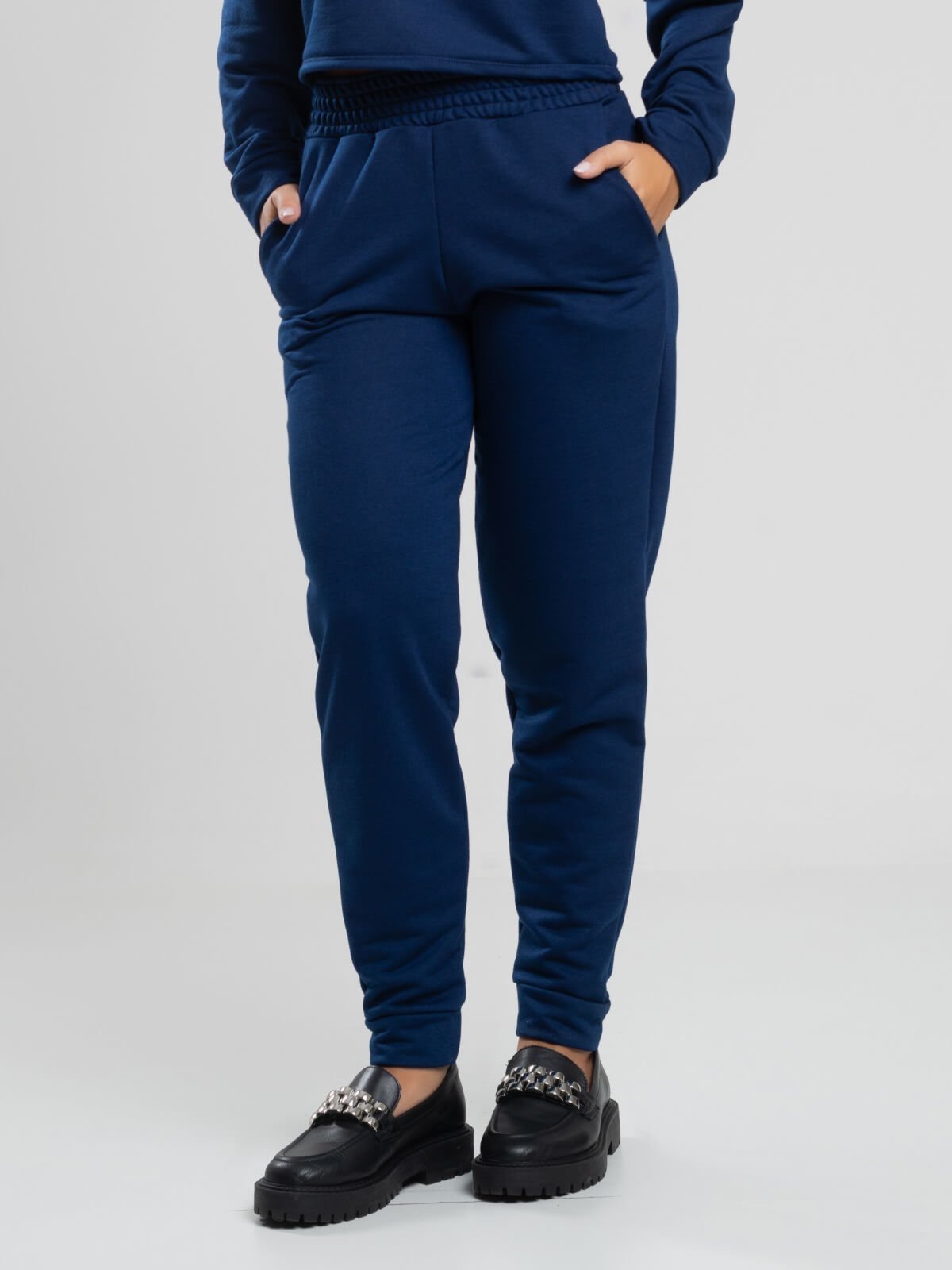 Calça Jogger Vicbela Bolso Interno Moletinho Cintura Alta Azul Marinho
