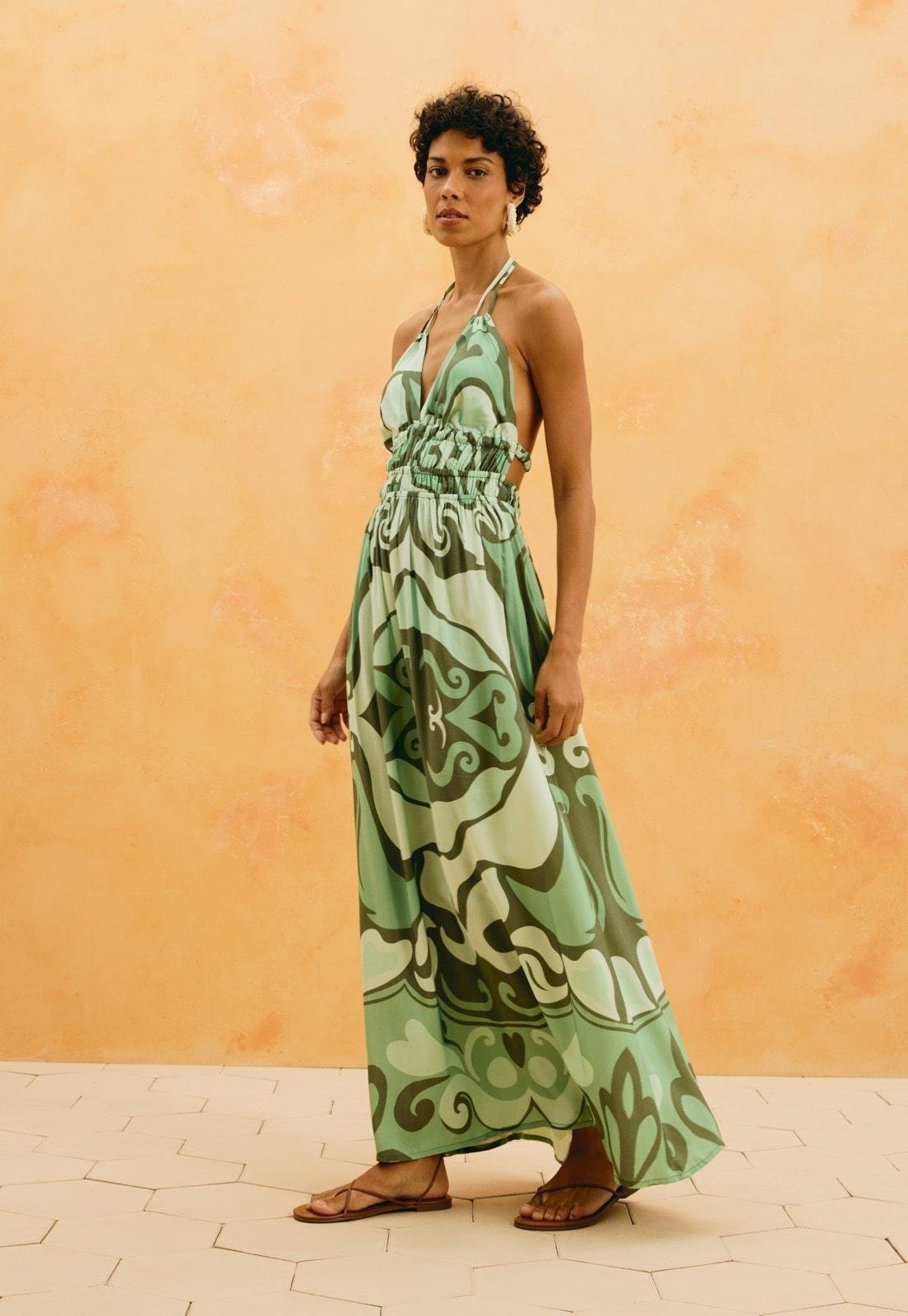 Vestido Longo Frente Única Estampado Nativa Verde