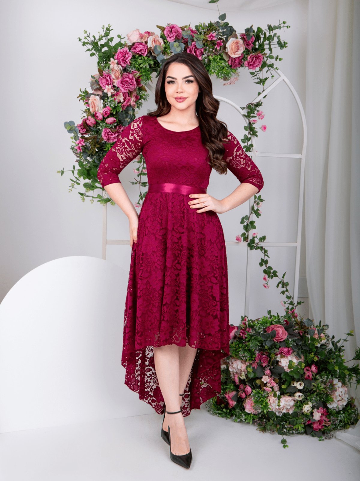 Vestido Mullet Longo para Festa Casamento Madrinha com Faixa Marsala