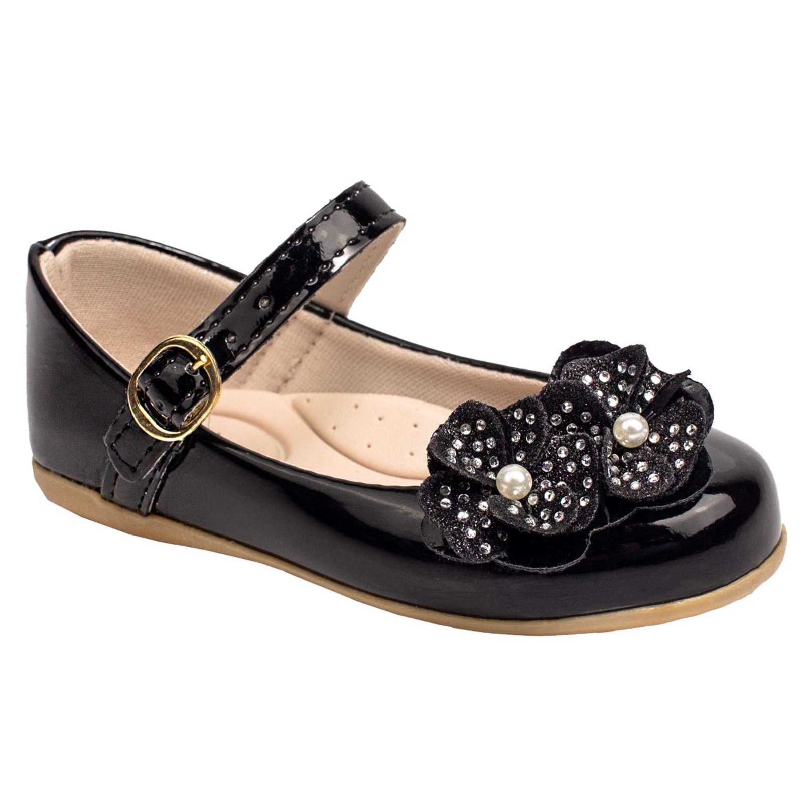 Infantil – Sapatilha Boneca Festa Casual Flor de Glitter e Perolas 2030 – Preto