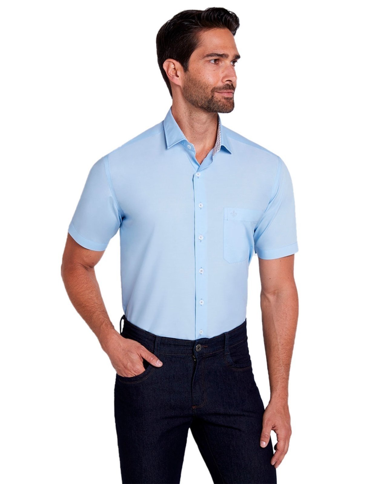 Camisa Dudalina Masculina Manga Curta Tricoline Lisa Azul Médio