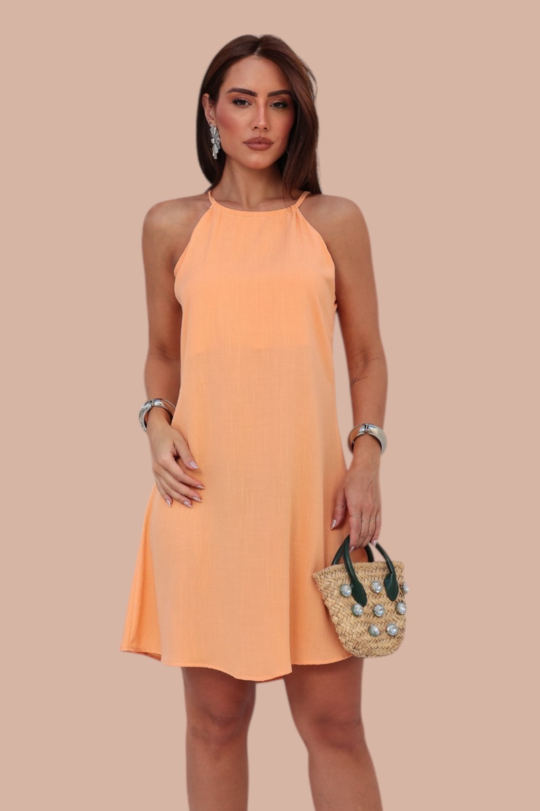Vestido Curto Ícone Fashion Lenço Chic Cor Laranja Baby