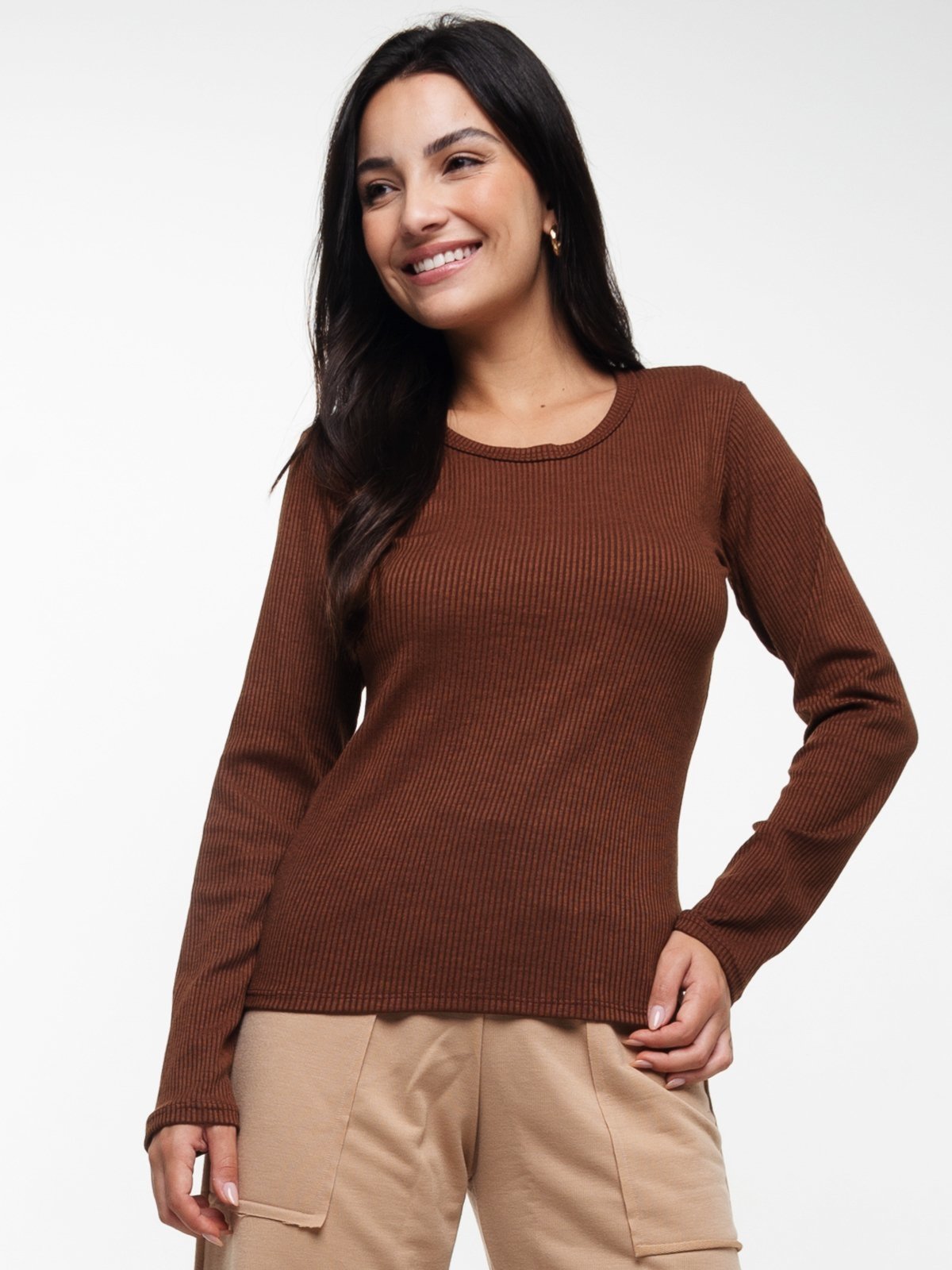 Blusa Canelada Vicbela Manga Longa Comprida Marrom