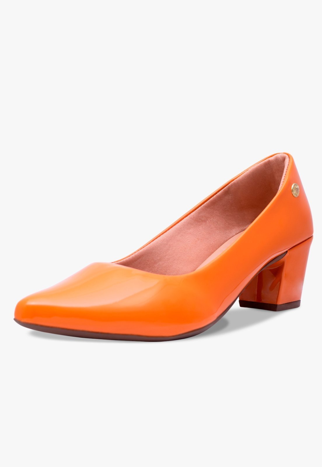 Scarpin Feminino Takata Salto Bloco Baixo Bico Fino Verniz Laranja