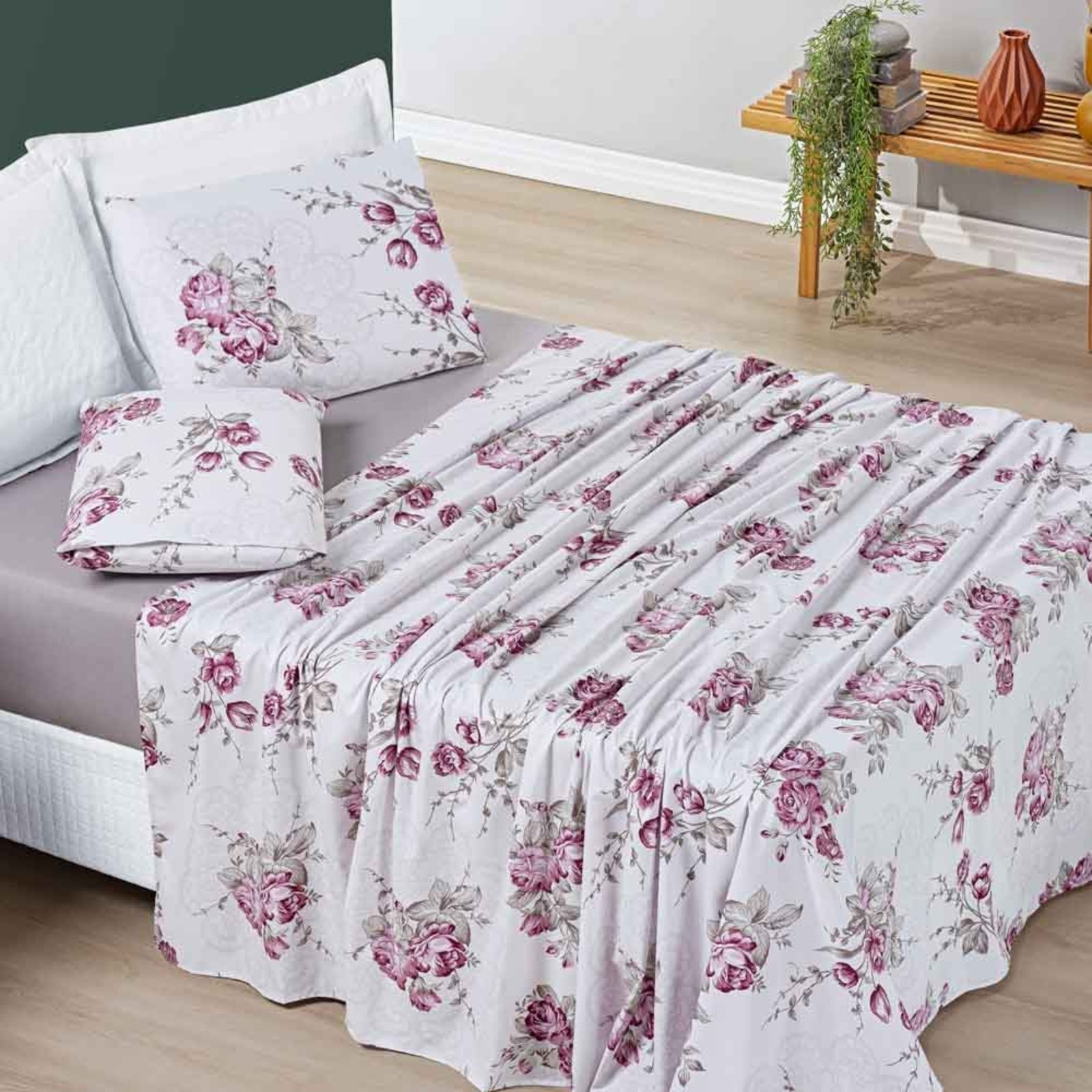 Jogo Cama Lençol Casa Scarpa Celi Casal Padrão Micropercal 200 Fios 4 Peças - Palha Florido