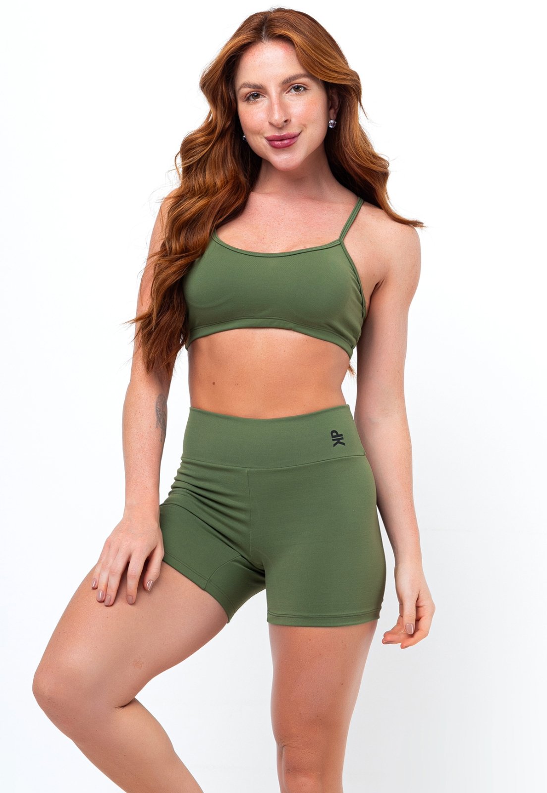 Conjunto Fitness Top Alça Short Legging Blackout Cós Alto Feminino Liso Academia Pink Urban – Verde