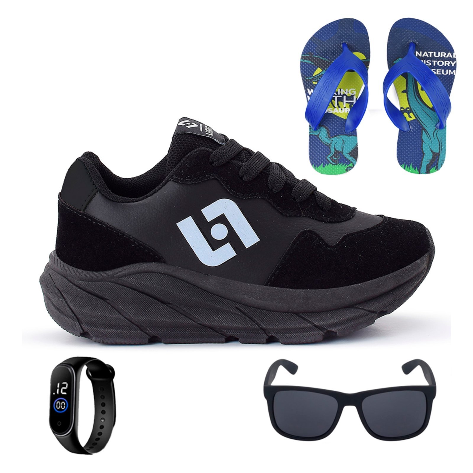 Infantil – Tenis Meninos Jogger Escolar Casual Camurça + Chinelo Oculos Relogio Preto