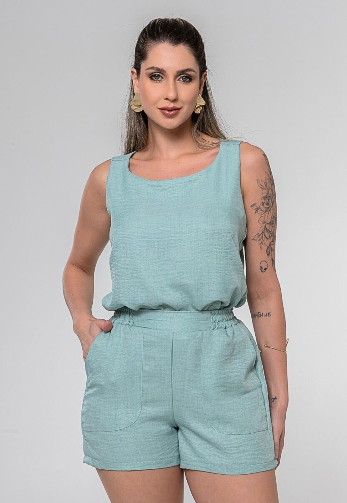 Conjunto Camisa Regata Cropped e Shorts com Elástico Moda Verão – Verde Água