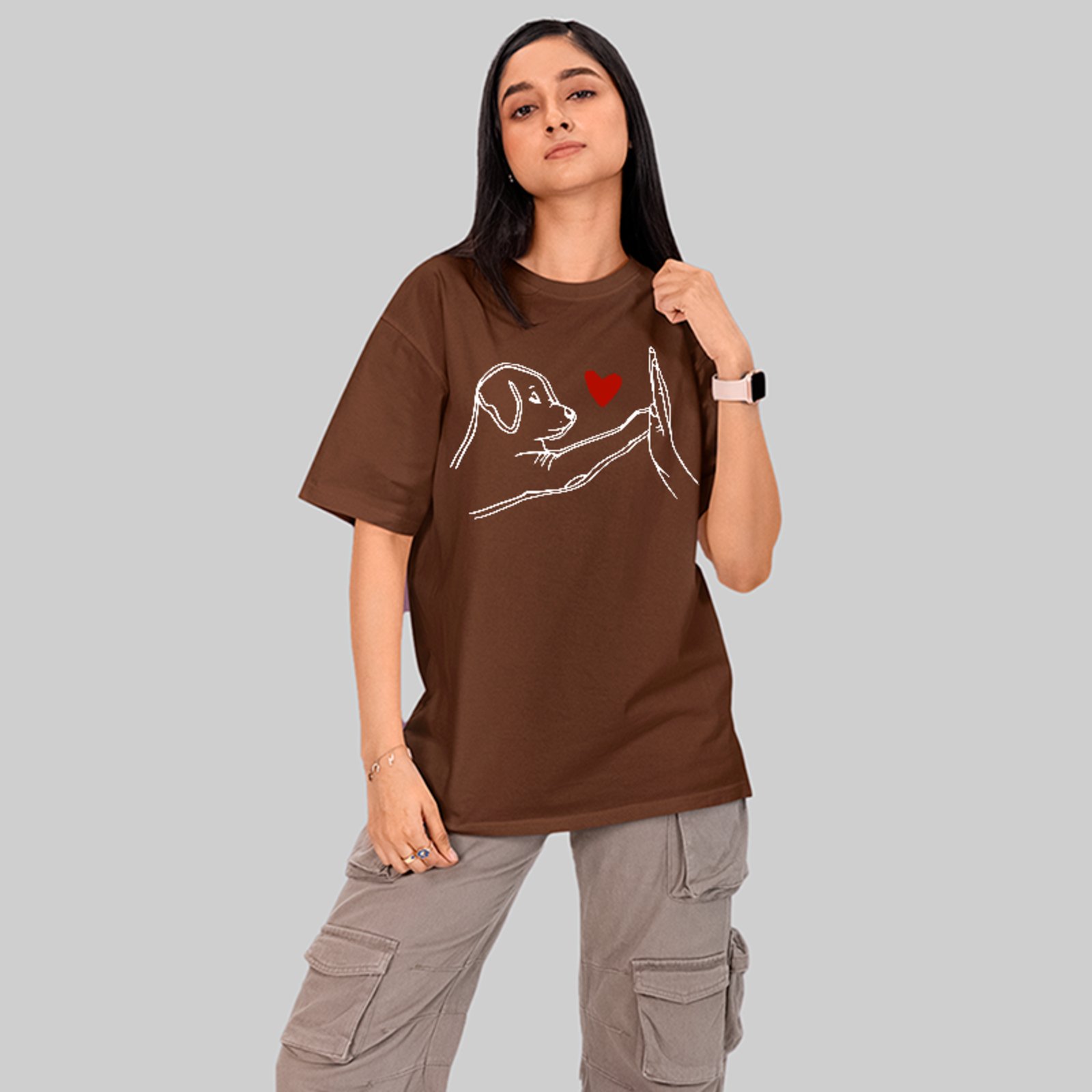 Camiseta Oversized Amor Por Cachorro Pet Love Casual Unissex Marrom