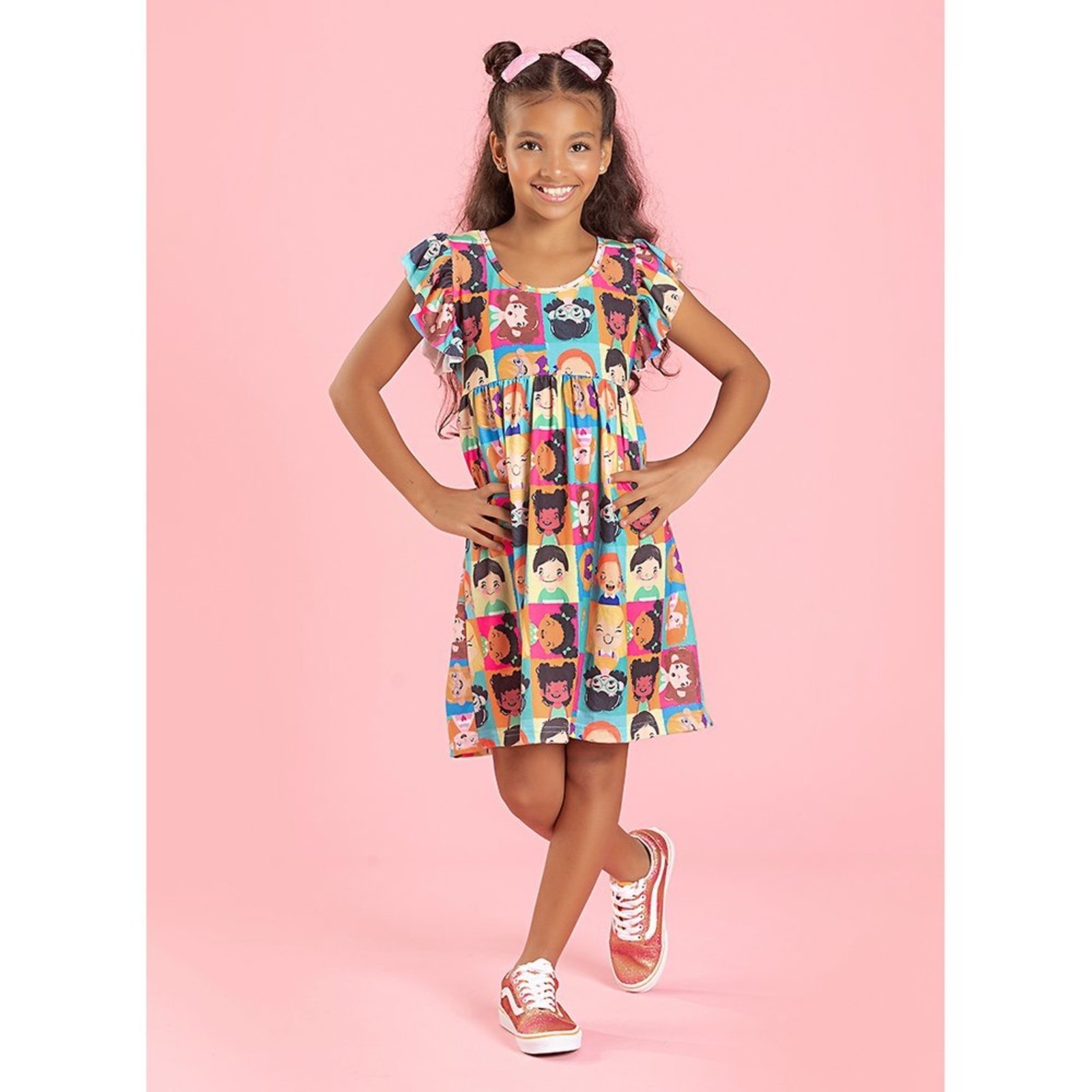 Infantil – Vestido Verde Menina Com Manga Babado Rostinhos Felizes