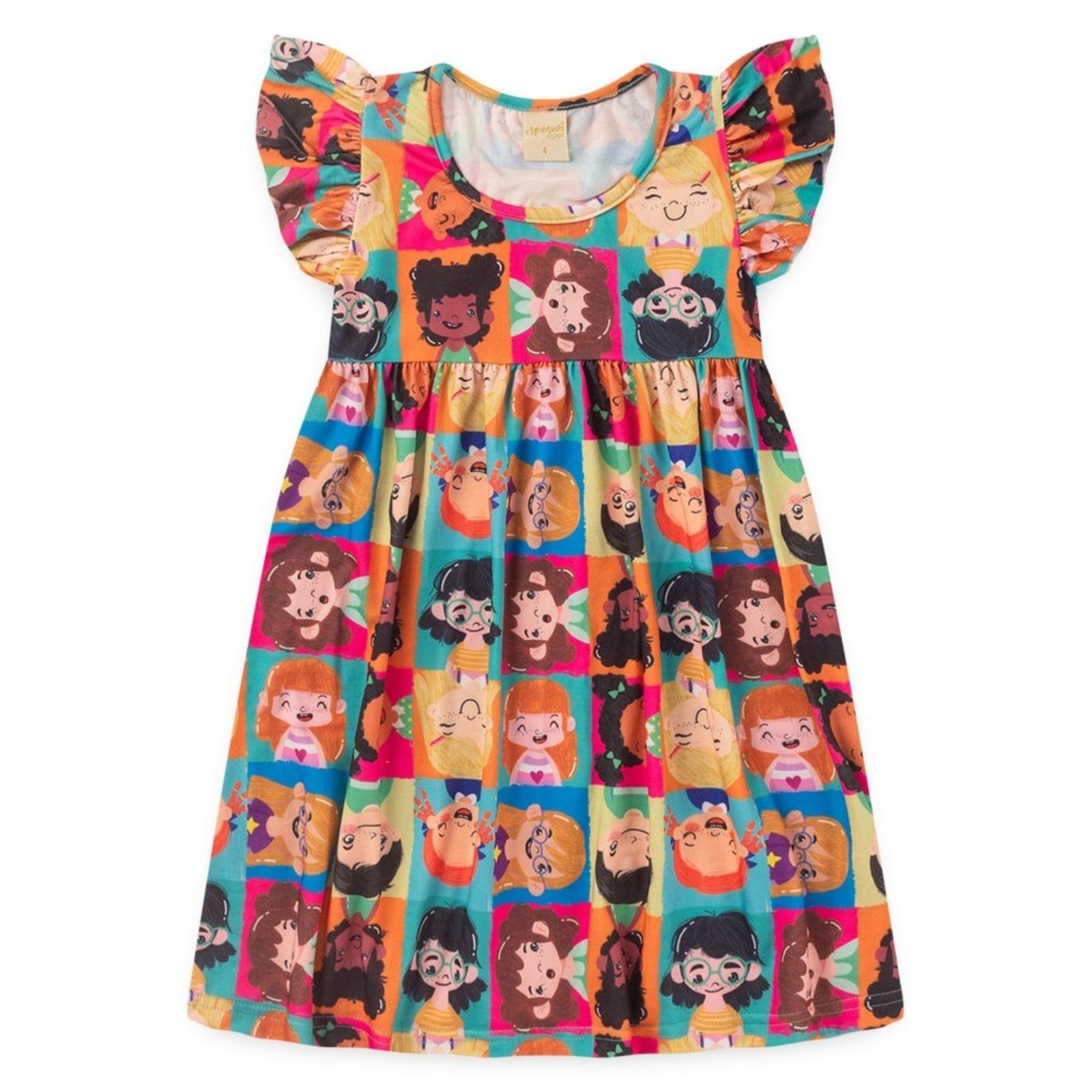 Vista 3 Infantil - Vestido Menina Com Manga Babado Rostinhos Felizes Molekada verde Molekada verde