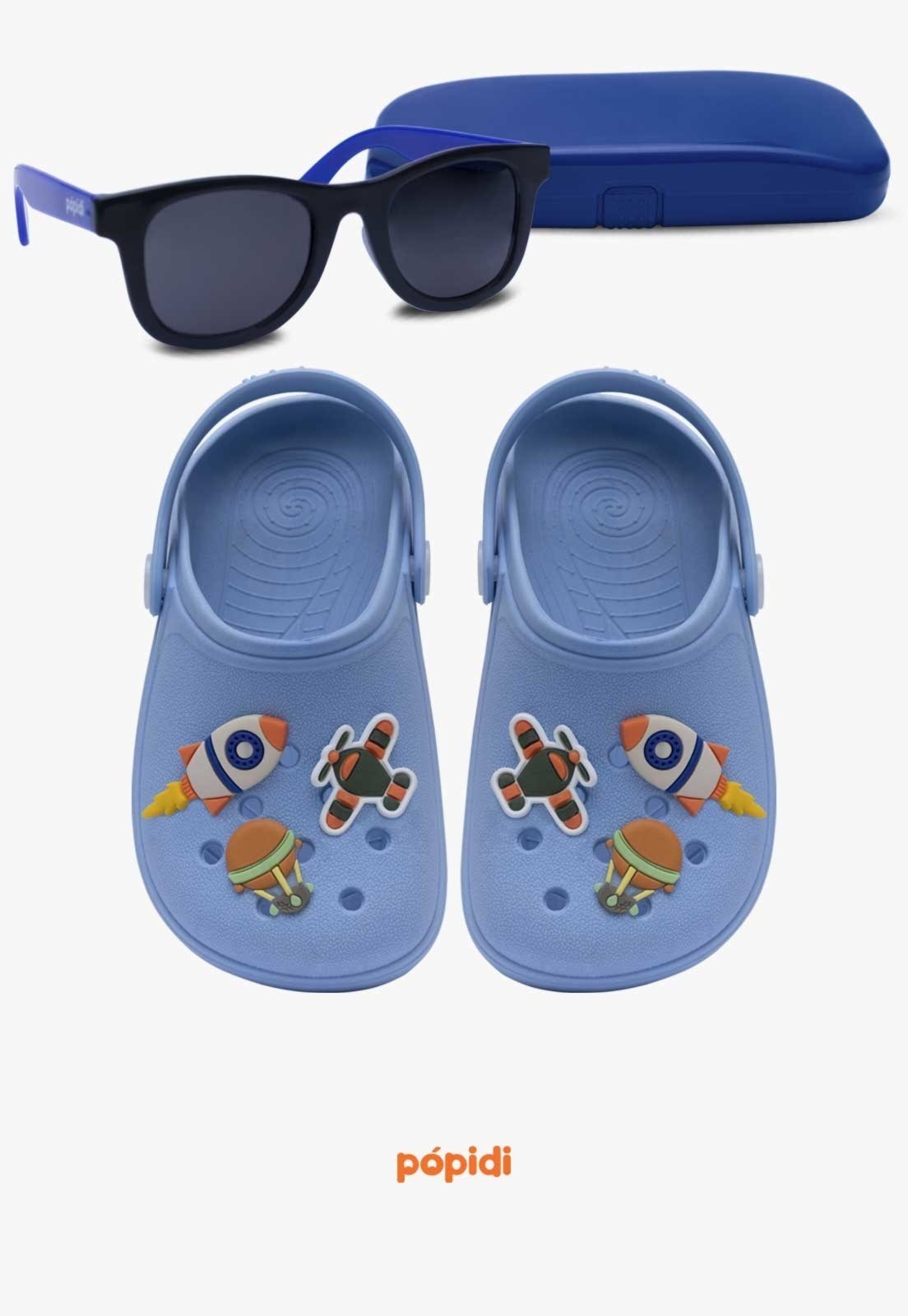 Infantil – Kit Babuche Aereo Azul com Óculos de Sol Azul Com Capinha