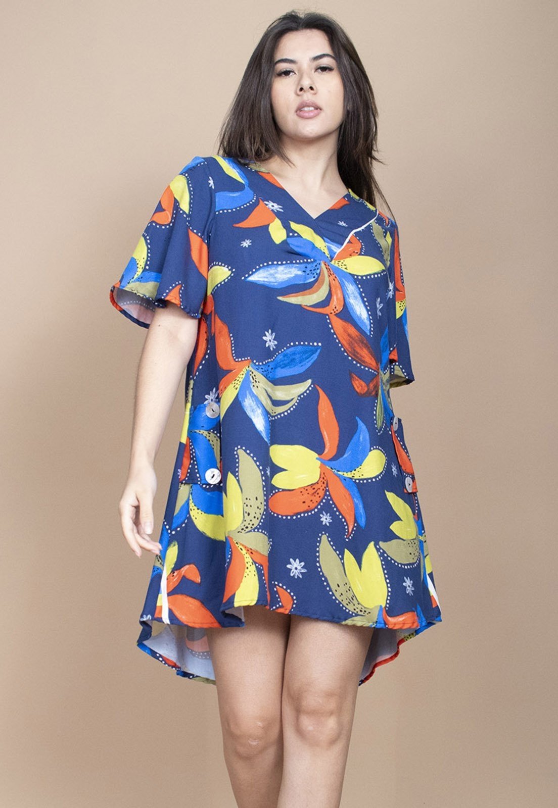 Vestido Curto Cabanafree Pataxô Viscose Mullet Decote V Maré Vibrante
