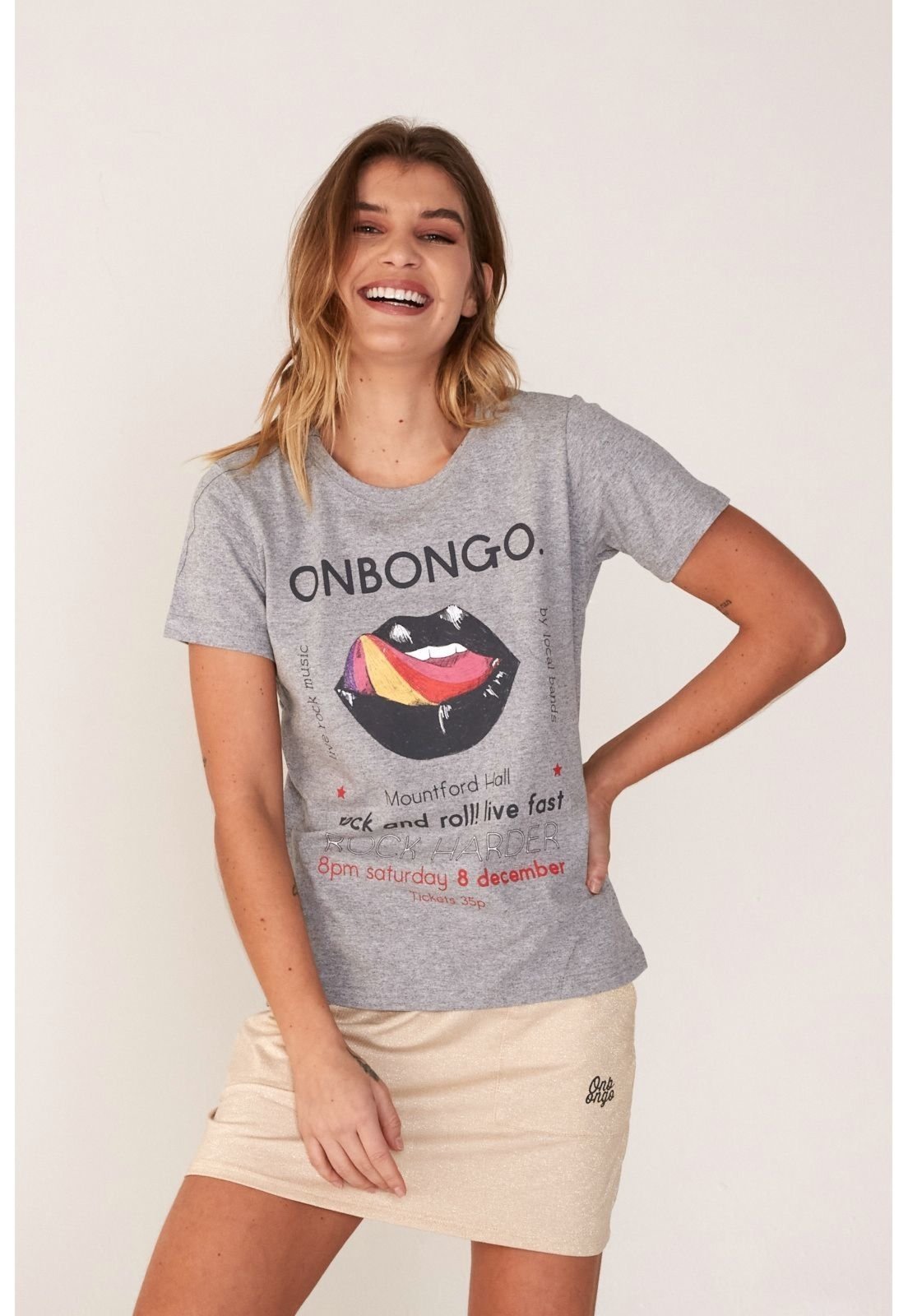 Camiseta Onbongo Feminina Estampada Cinza Mescla
