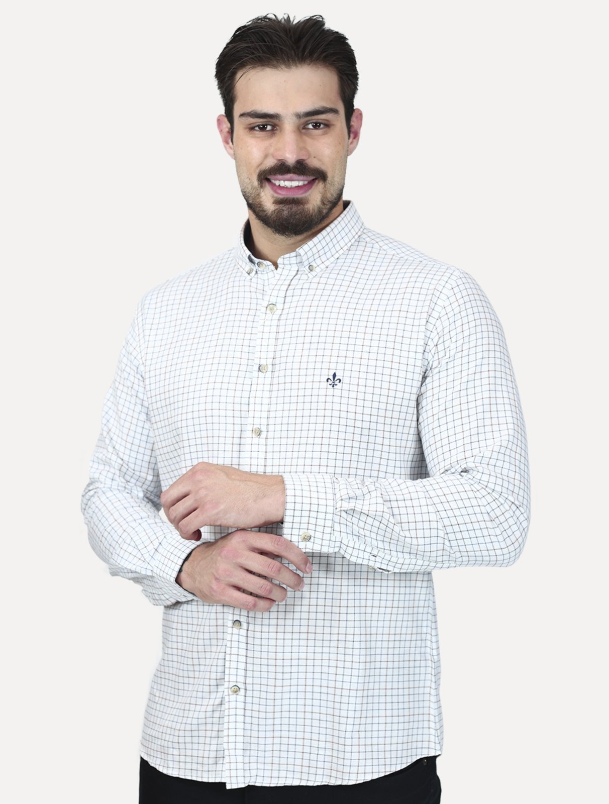 Camisa Dudalina Masculina Slim Superfine Cotton Xadrez Grid Branca