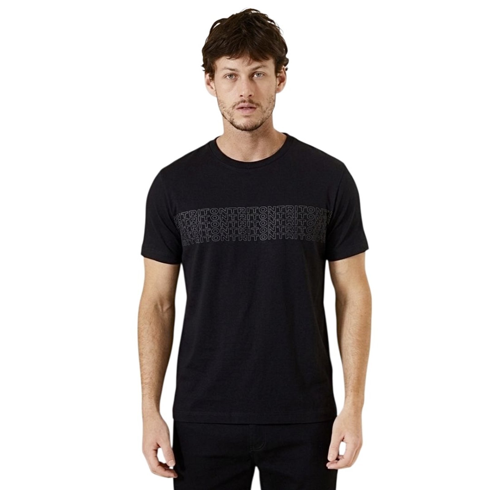 Camiseta Fit de Malha com Faixa TRITON Repetitiva Preto
